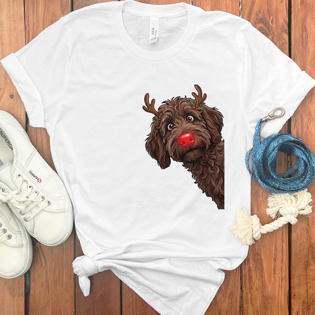 Peeking Rudolph Chocolate Goldendoodle T-Shirt in White / M / T-Shirts by Puppy Jo