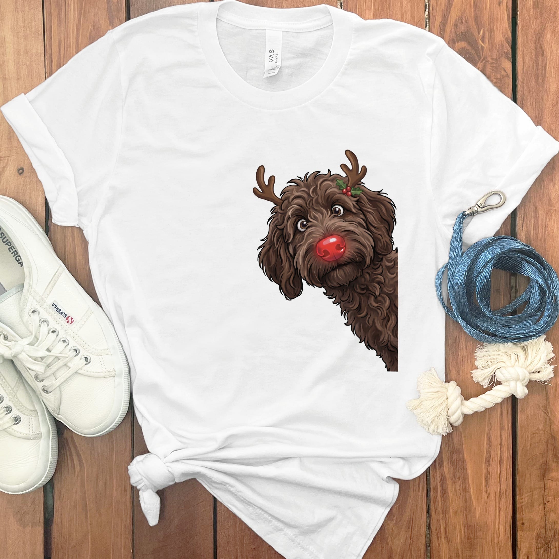 Peeking Rudolph Chocolate Goldendoodle T-Shirt in White / M / T-Shirts by Puppy Jo