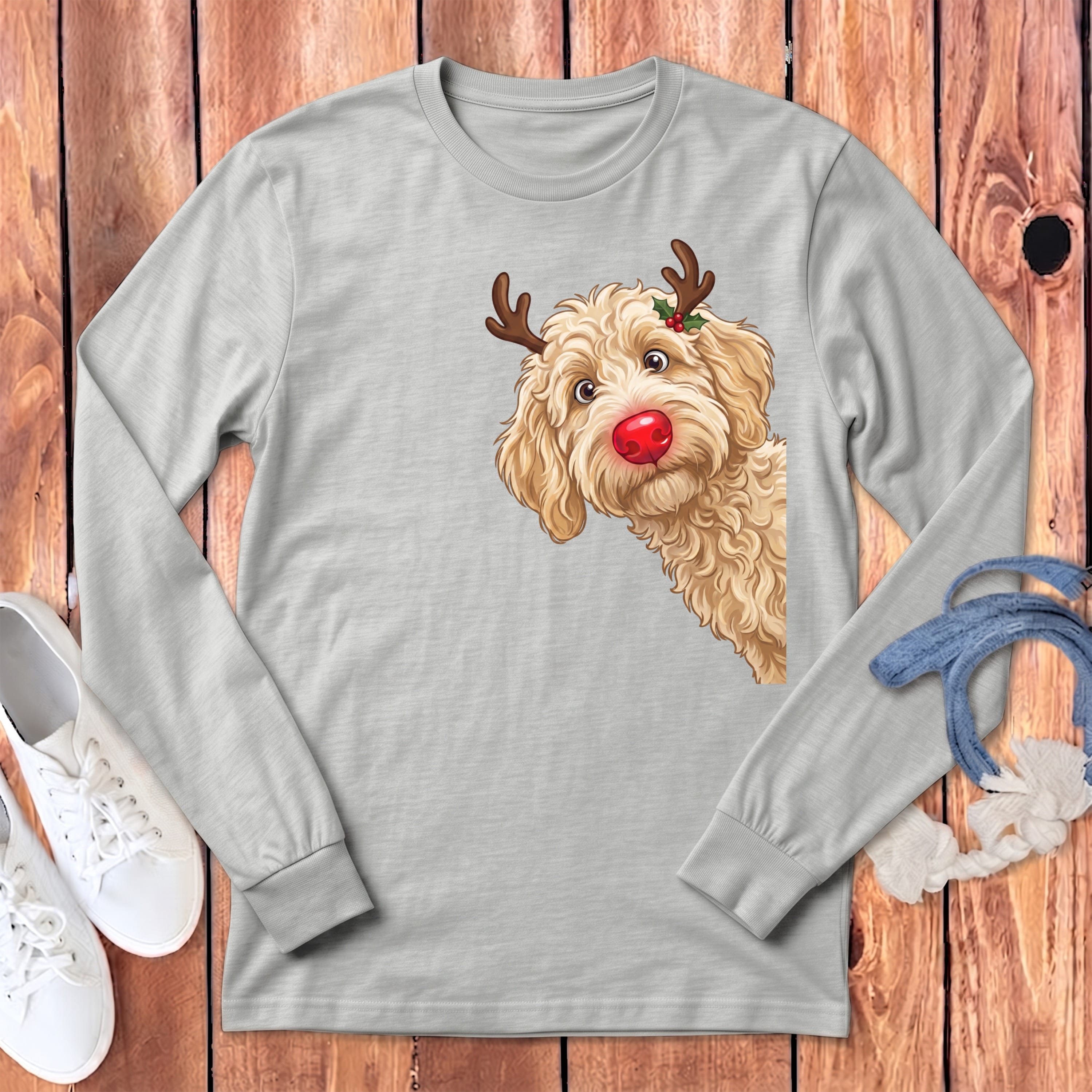 Peeking Rudolph Cream Goldendoodle Long Sleeve T-Shirt in Athletic Heather / S by Puppy Jo