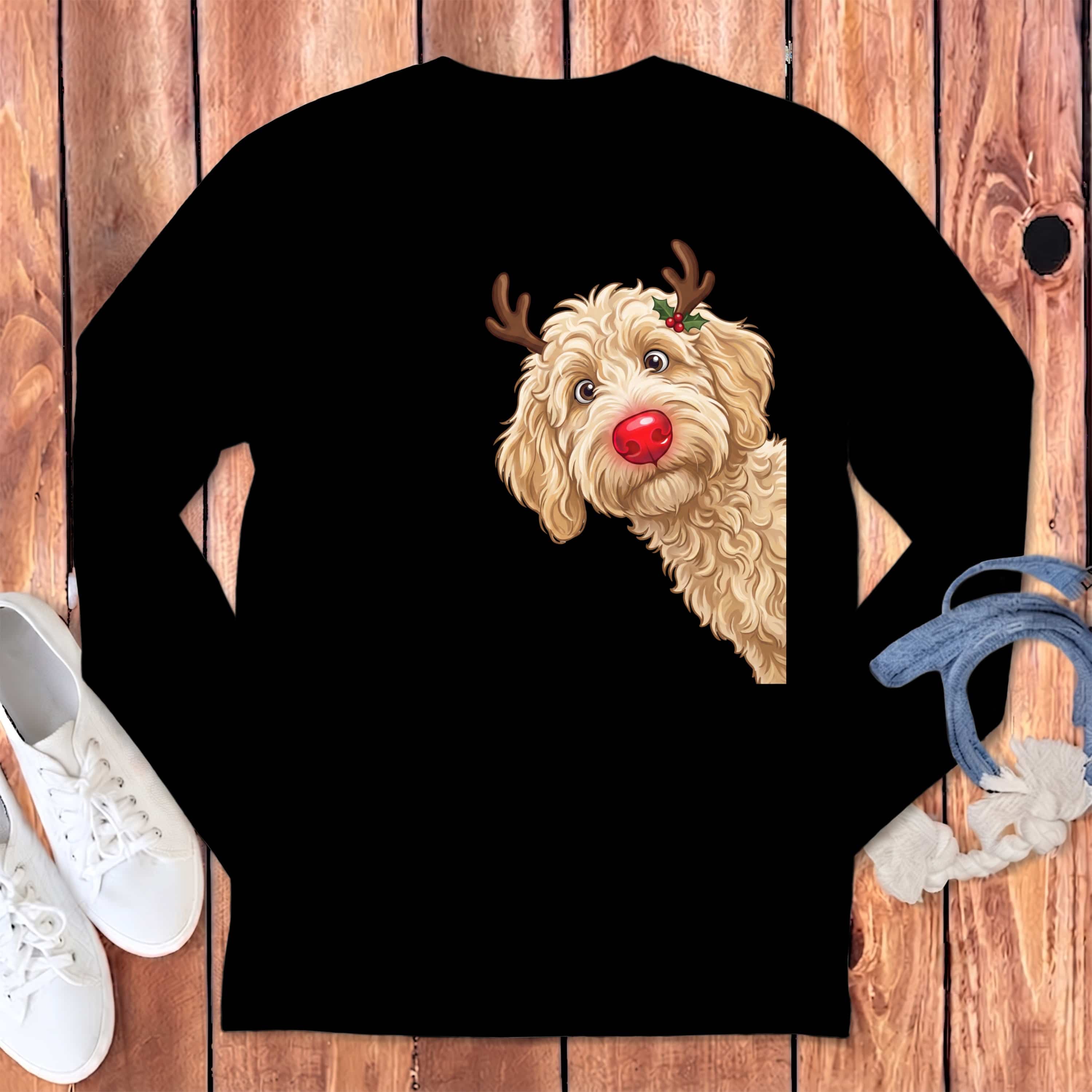 Peeking Rudolph Cream Goldendoodle Long Sleeve T-Shirt in Black / S by Puppy Jo