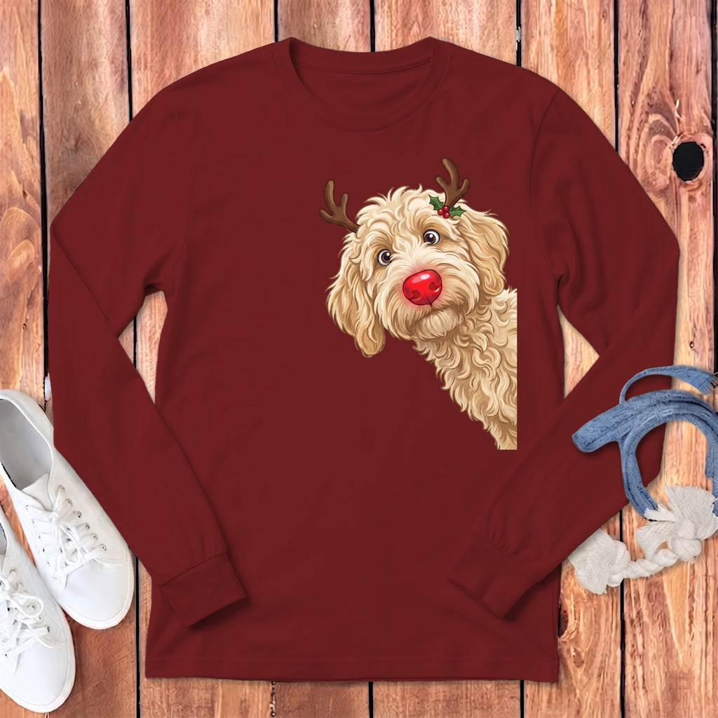 Peeking Rudolph Cream Goldendoodle Long Sleeve T-Shirt in Cardinal / S by Puppy Jo