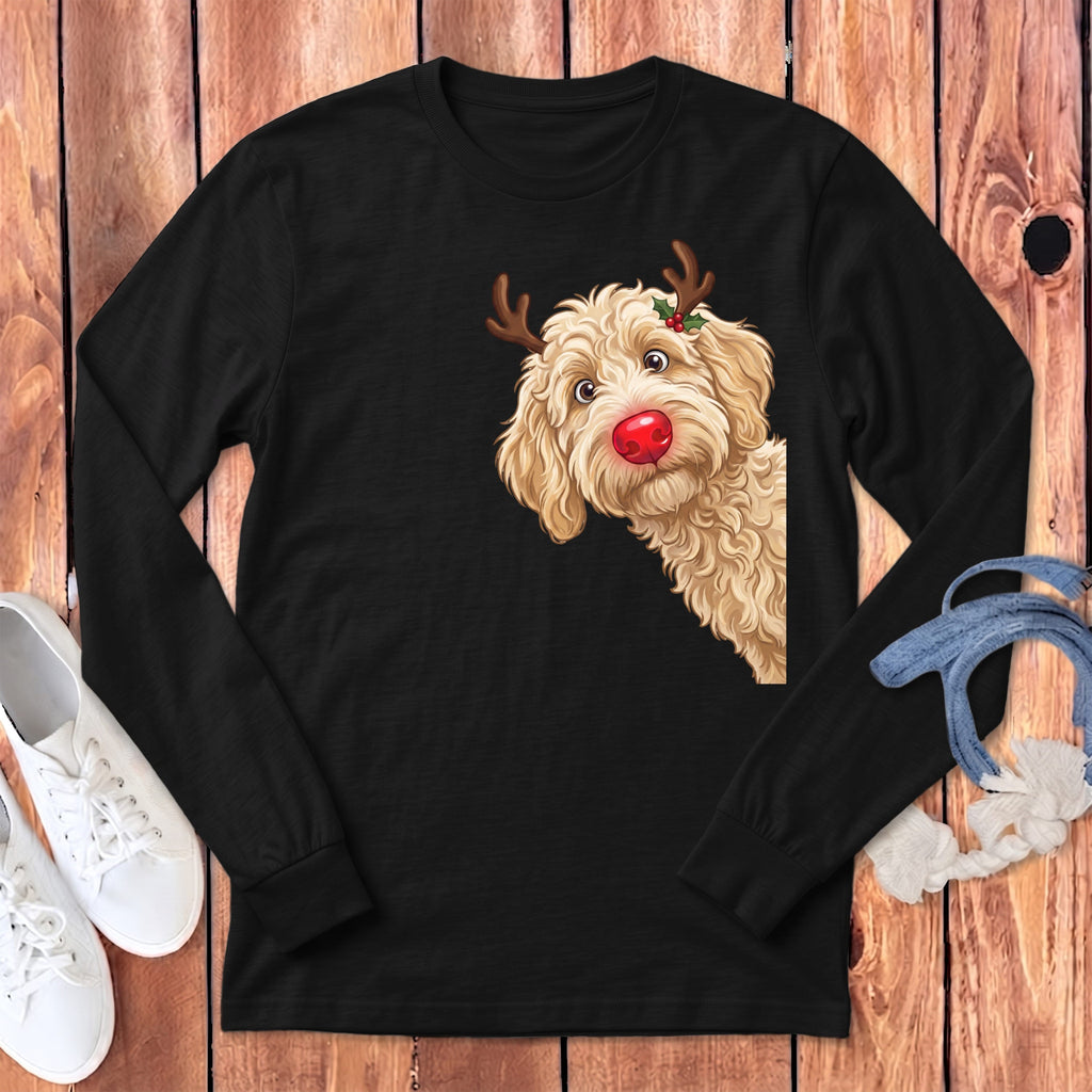 Peeking Rudolph Cream Goldendoodle Long Sleeve T-Shirt in Dark Grey Heather / S by Puppy Jo