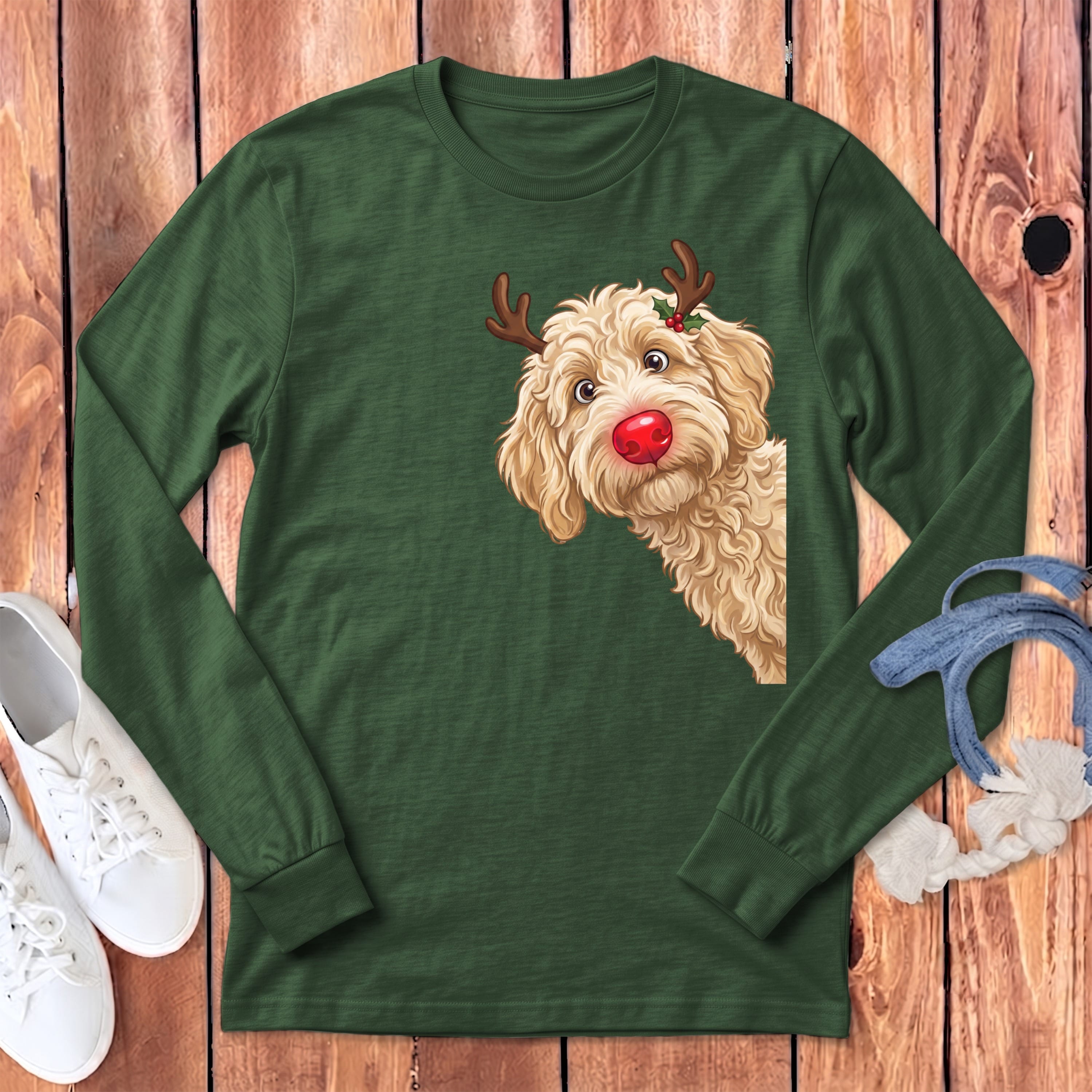 Peeking Rudolph Cream Goldendoodle Long Sleeve T-Shirt in Heather Forest / S by Puppy Jo