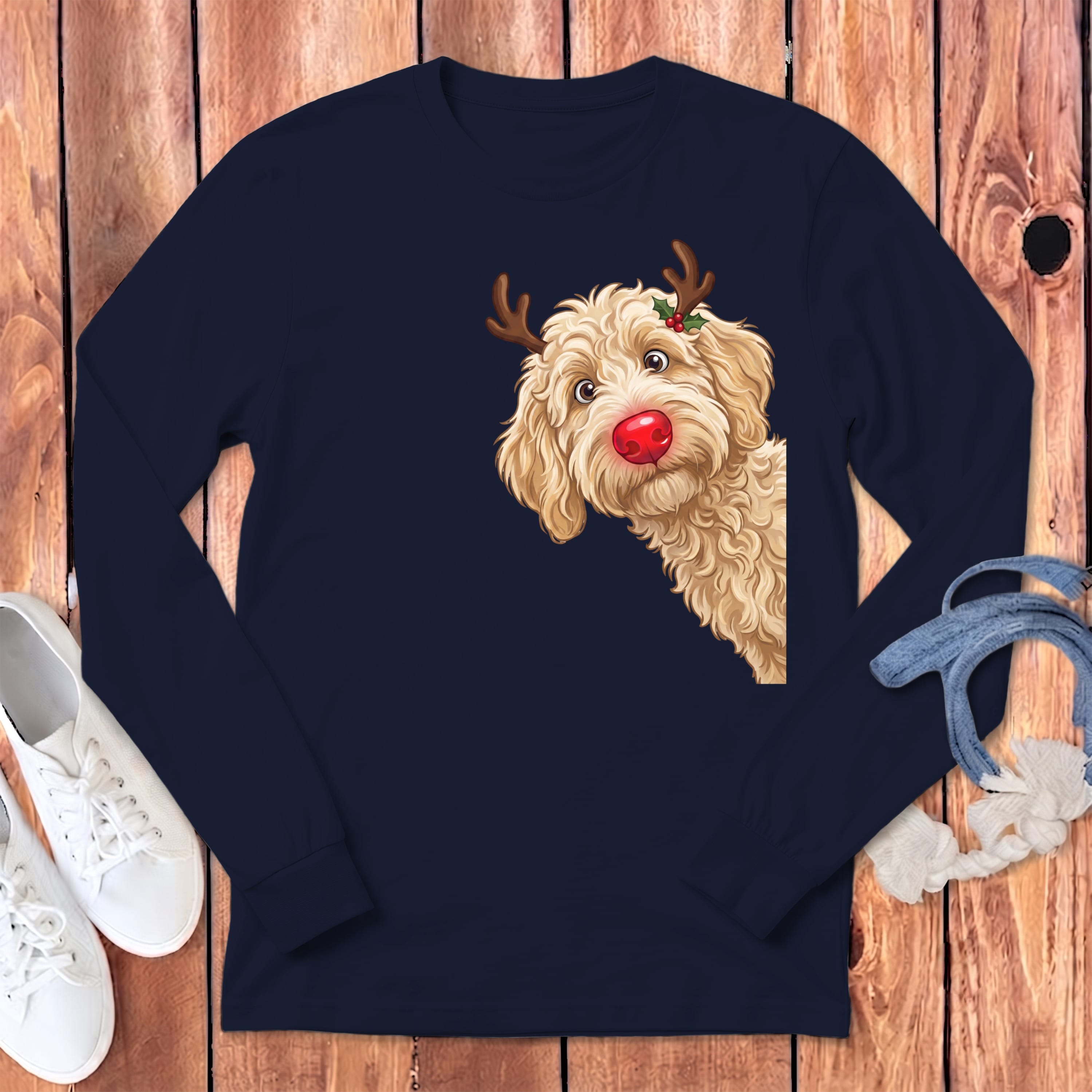 Peeking Rudolph Cream Goldendoodle Long Sleeve T-Shirt in Navy / S by Puppy Jo