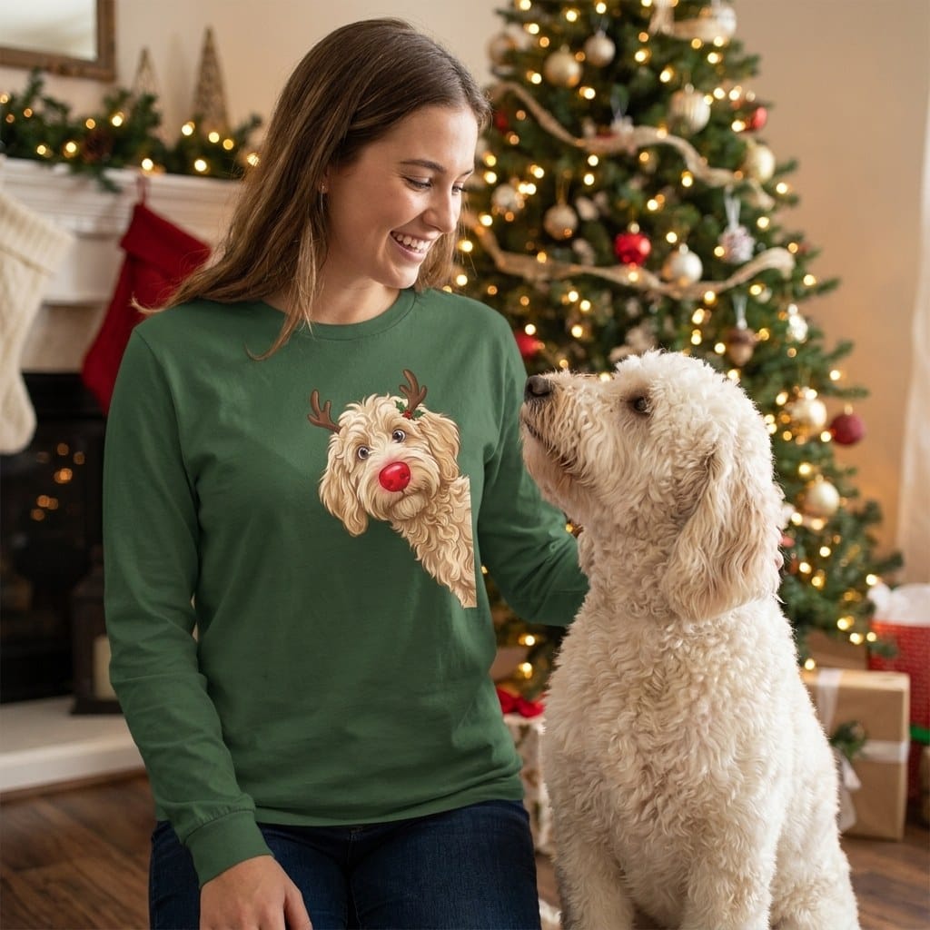 Peeking Rudolph Cream Goldendoodle Long Sleeve T-Shirt in by Puppy Jo