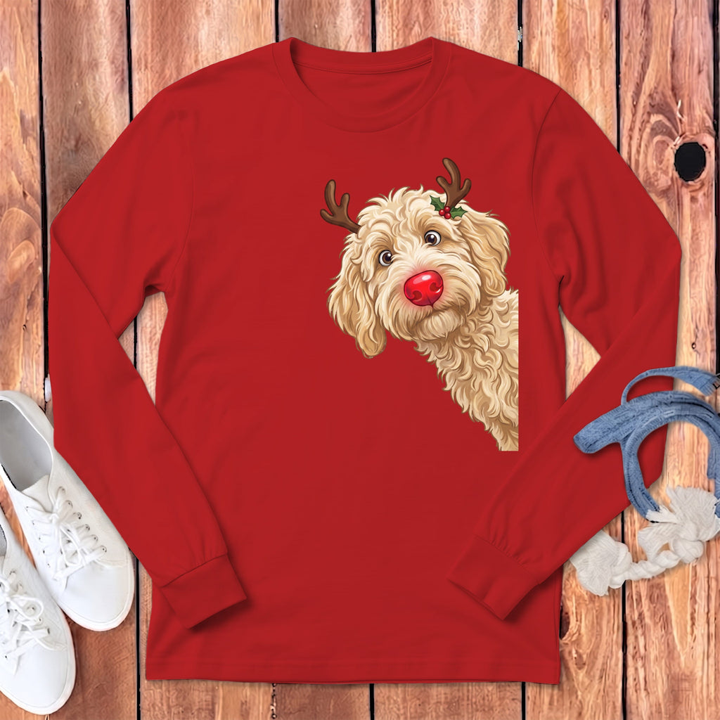 Peeking Rudolph Cream Goldendoodle Long Sleeve T-Shirt in Red / S by Puppy Jo