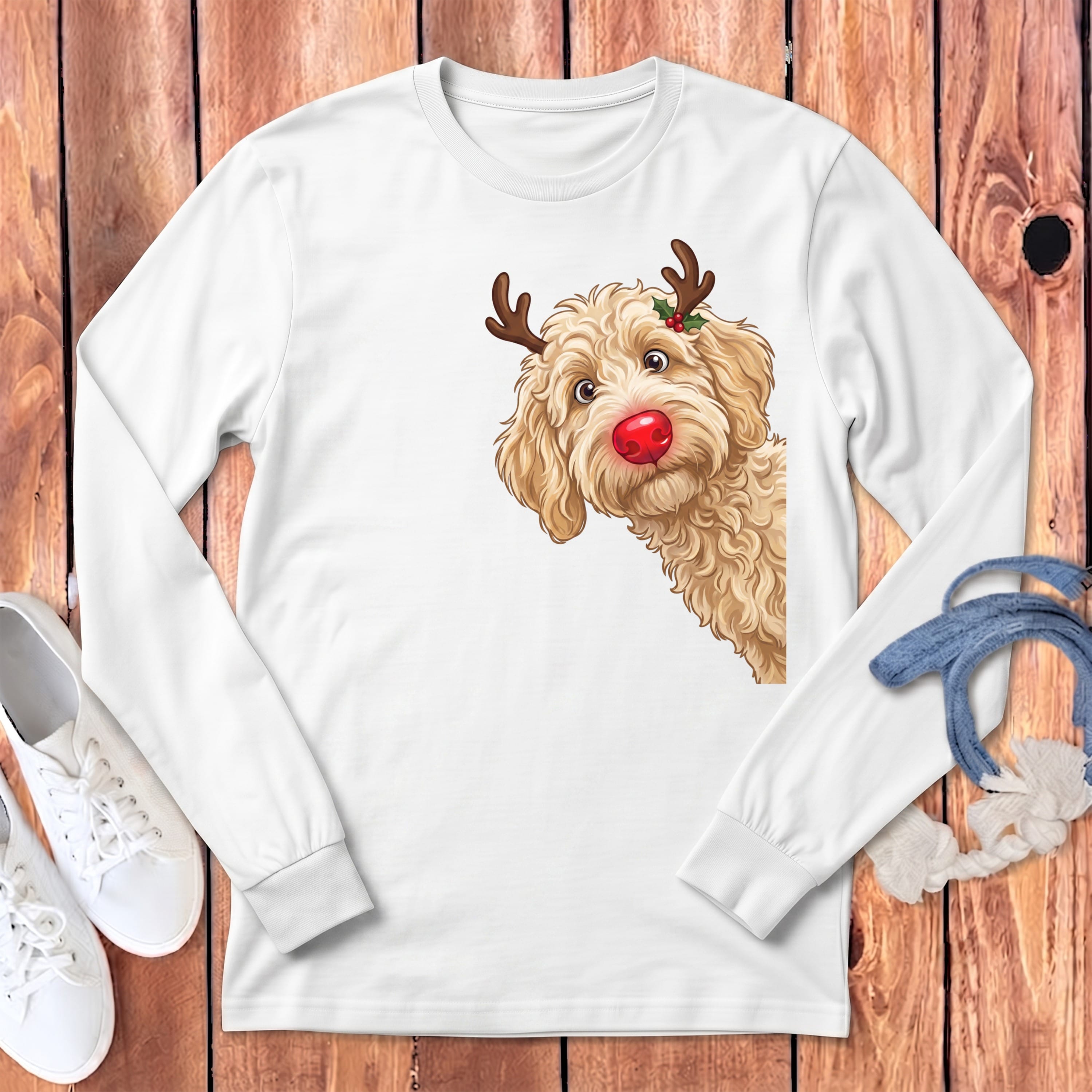 Peeking Rudolph Cream Goldendoodle Long Sleeve T-Shirt in White / S by Puppy Jo
