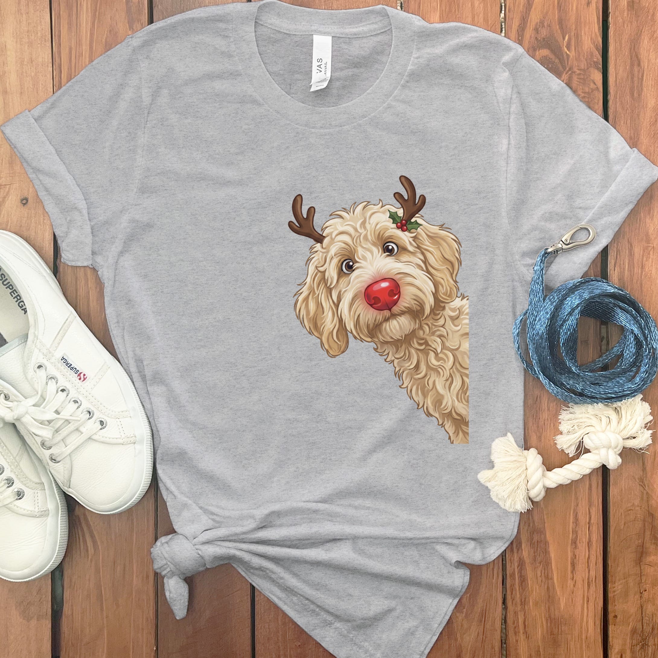 Peeking Rudolph Cream Goldendoodle T-Shirt in Athletic Heather / M / T-Shirts by Puppy Jo