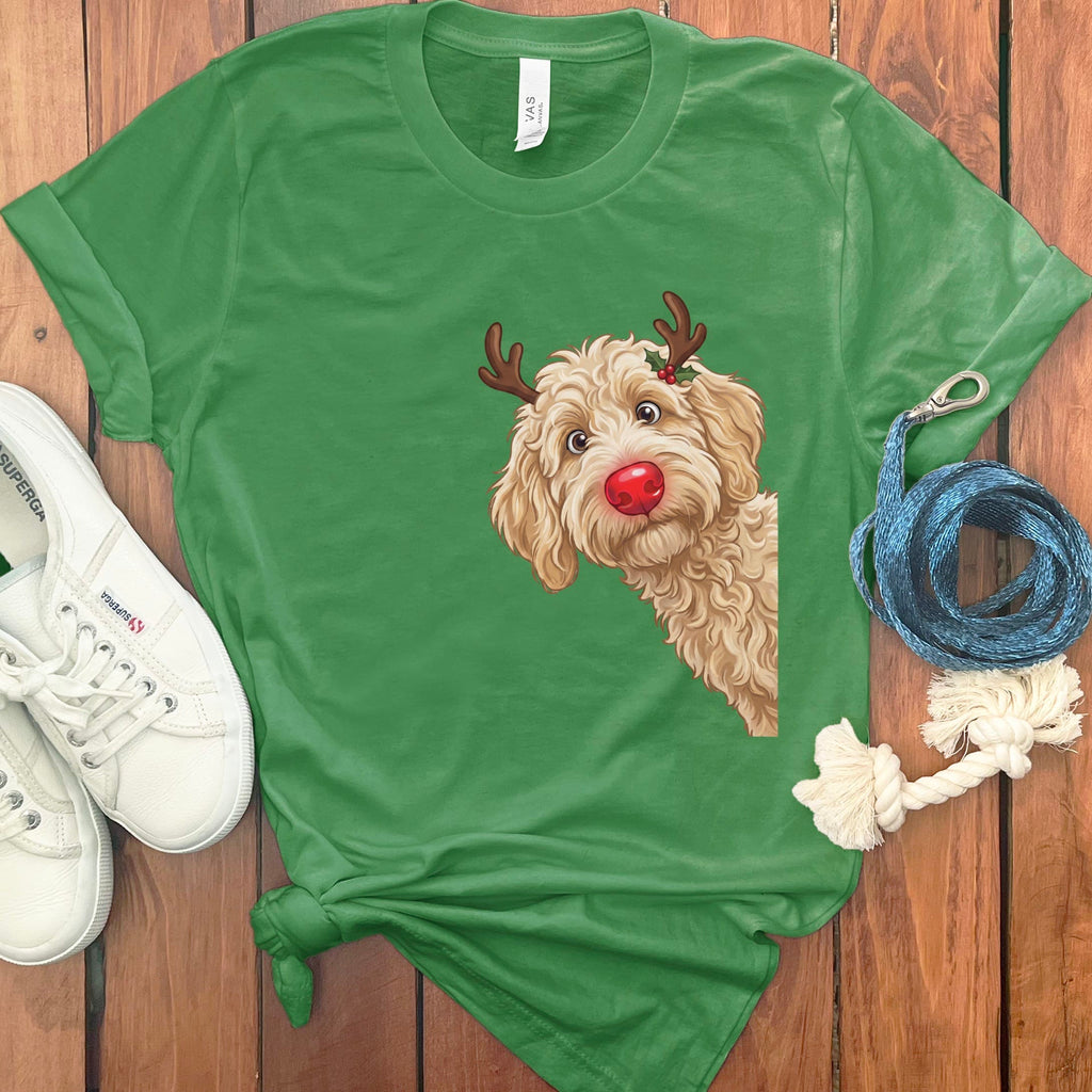 Peeking Rudolph Cream Goldendoodle T-Shirt in Leaf / M / T-Shirts by Puppy Jo