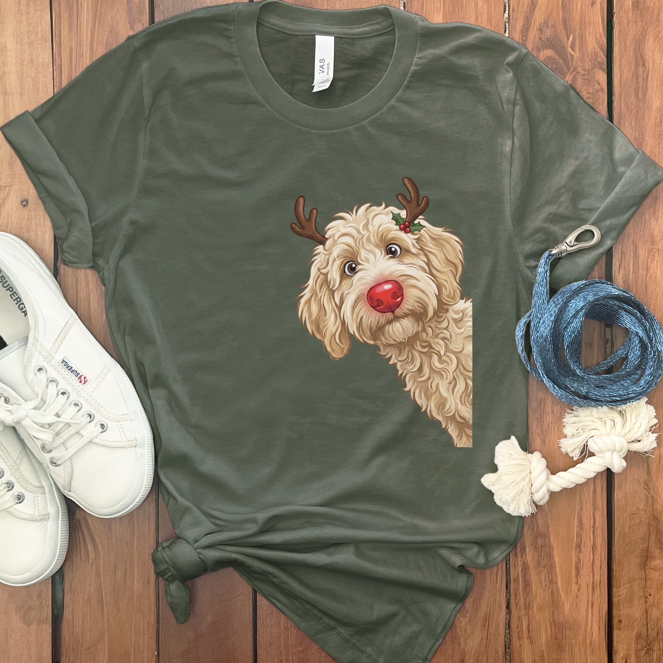 Peeking Rudolph Cream Goldendoodle T-Shirt in Military Green / M / T-Shirts by Puppy Jo