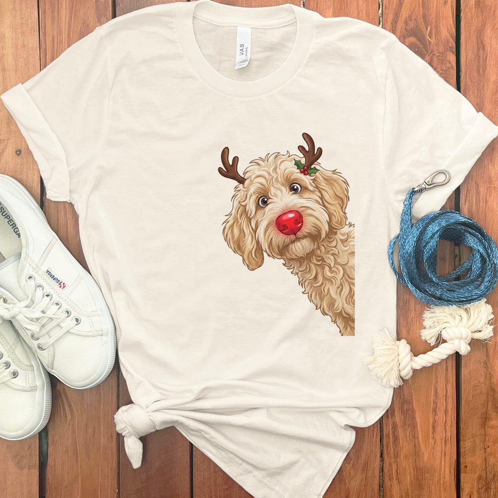 Peeking Rudolph Cream Goldendoodle T-Shirt in Natural / M / T-Shirts by Puppy Jo