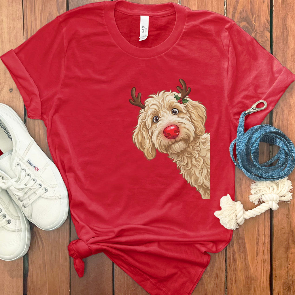 Peeking Rudolph Cream Goldendoodle T-Shirt in Red / M / T-Shirts by Puppy Jo