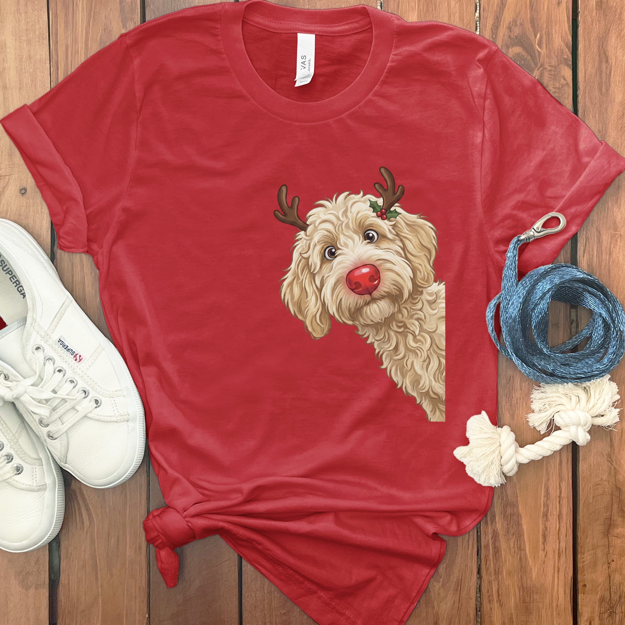 Peeking Rudolph Cream Goldendoodle T-Shirt in Red / M / T-Shirts by Puppy Jo