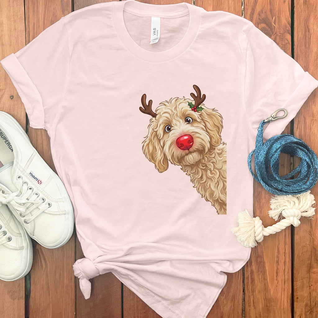 Peeking Rudolph Cream Goldendoodle T-Shirt in Soft Pink / M / T-Shirts by Puppy Jo