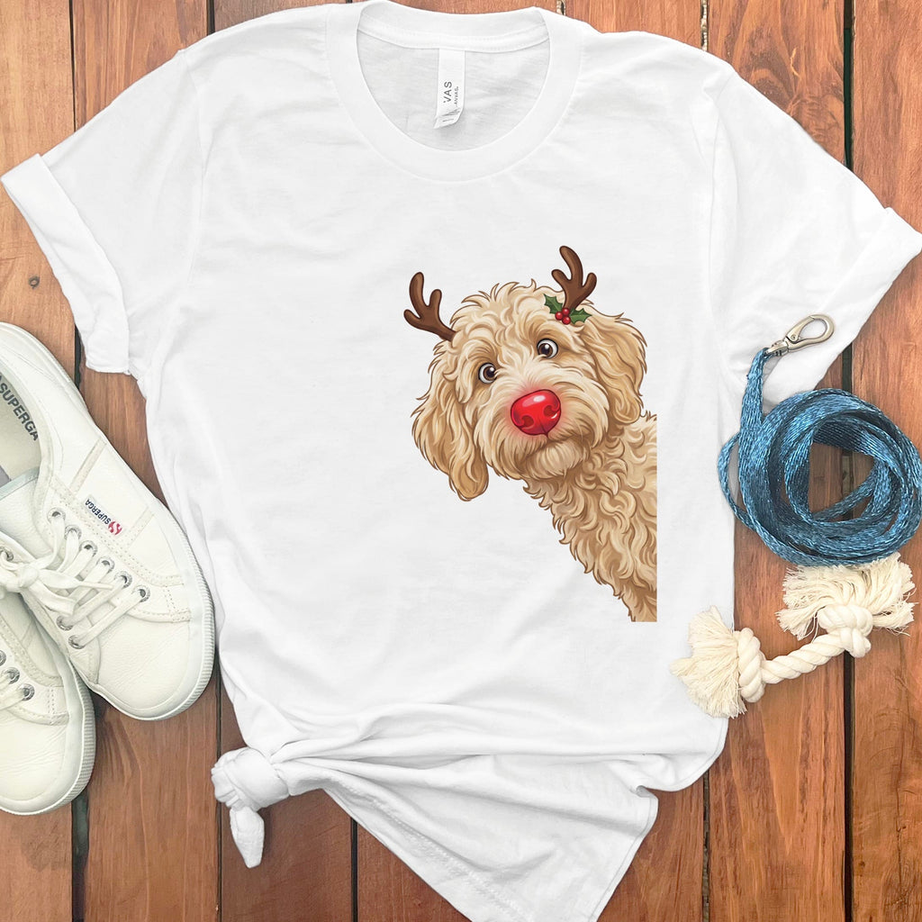 Peeking Rudolph Cream Goldendoodle T-Shirt in White / M / T-Shirts by Puppy Jo