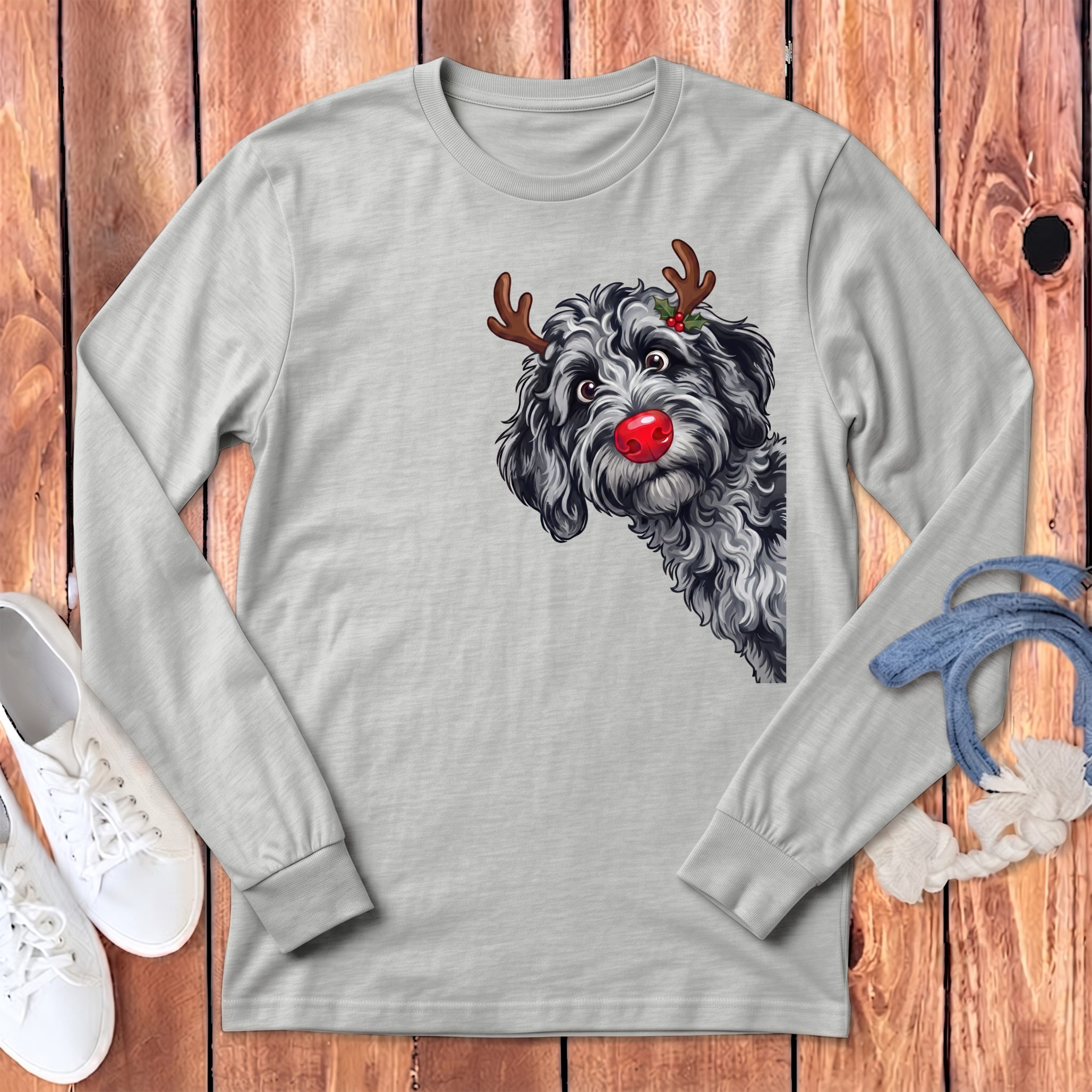 Peeking Rudolph Merle Goldendoodle Long Sleeve T-Shirt in Athletic Heather / S by Puppy Jo