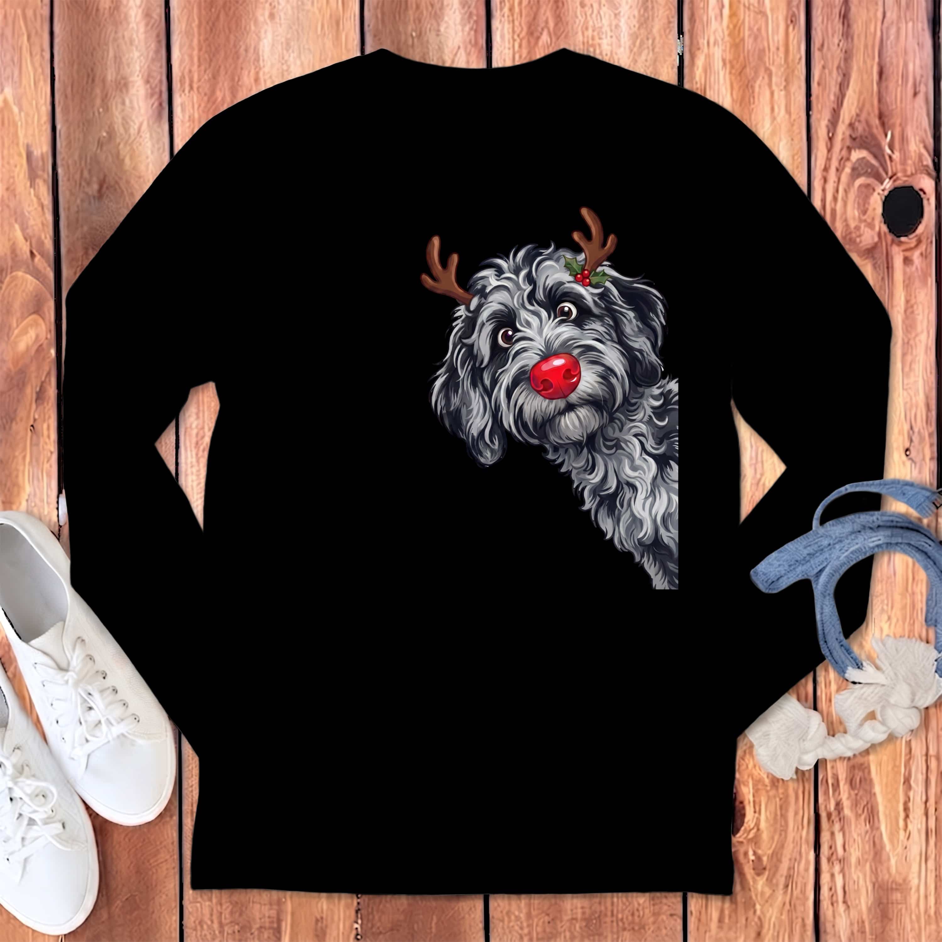 Peeking Rudolph Merle Goldendoodle Long Sleeve T-Shirt in Black / S by Puppy Jo