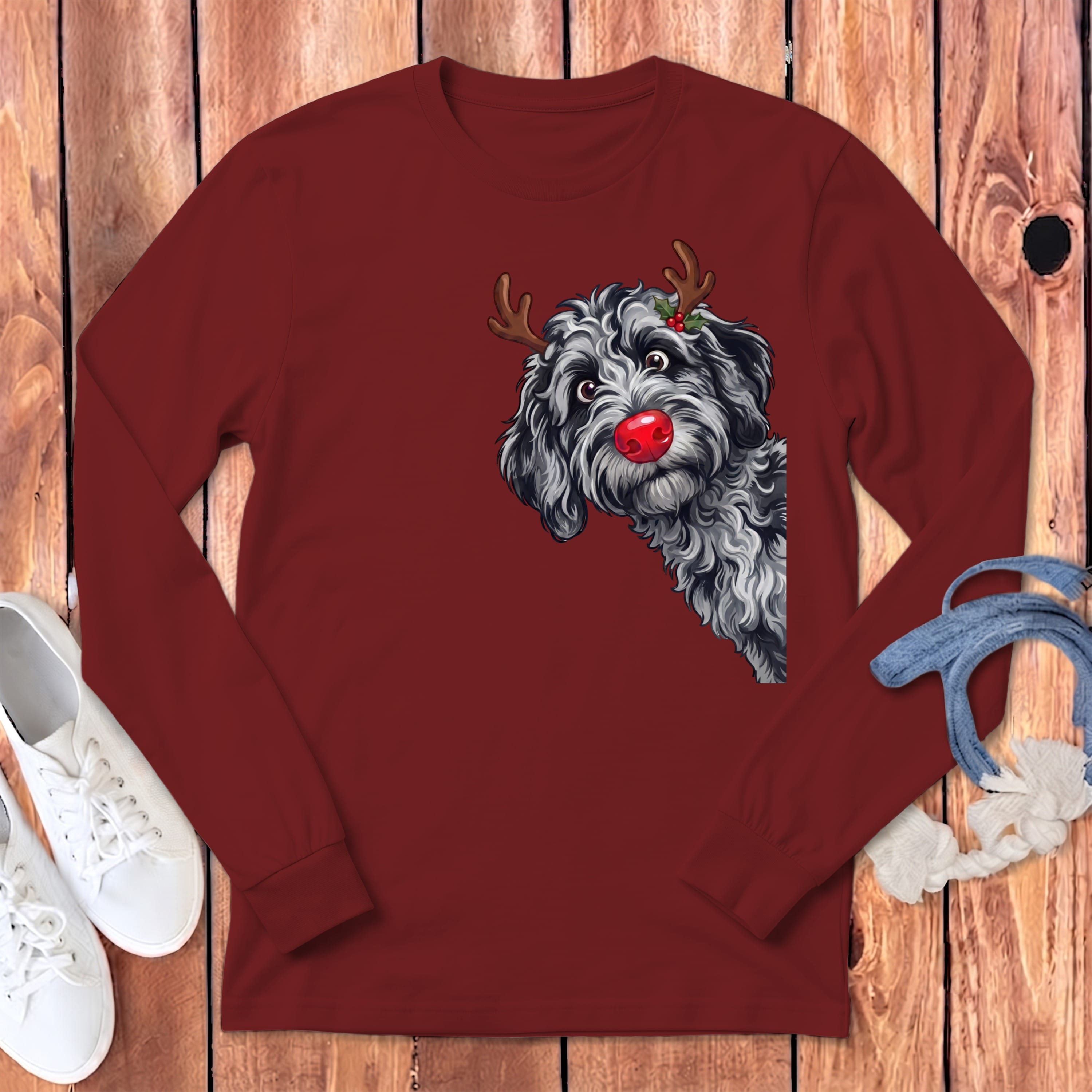 Peeking Rudolph Merle Goldendoodle Long Sleeve T-Shirt in Cardinal / S by Puppy Jo