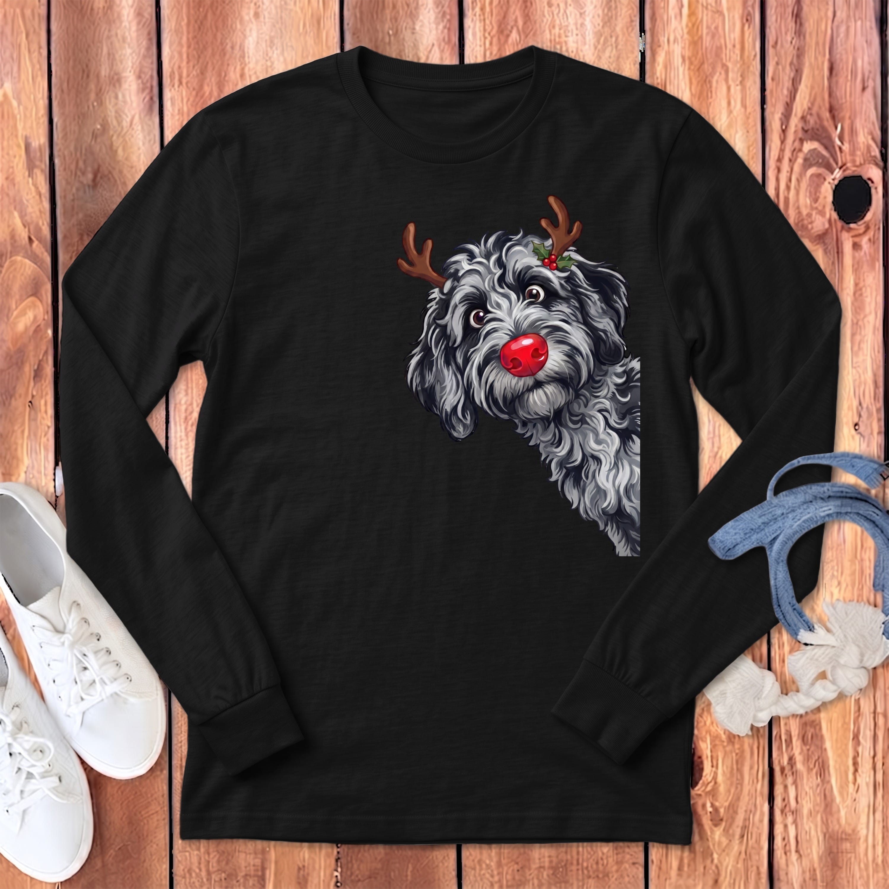 Peeking Rudolph Merle Goldendoodle Long Sleeve T-Shirt in Dark Grey Heather / S by Puppy Jo