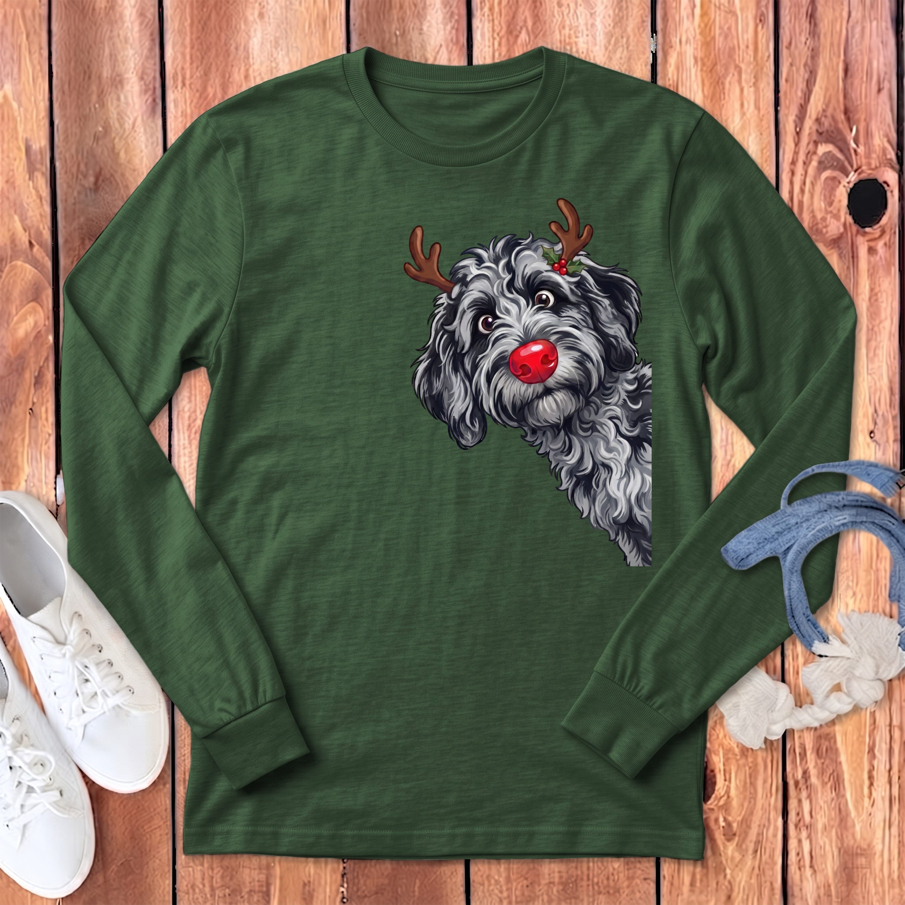 Peeking Rudolph Merle Goldendoodle Long Sleeve T-Shirt in Heather Forest / S by Puppy Jo