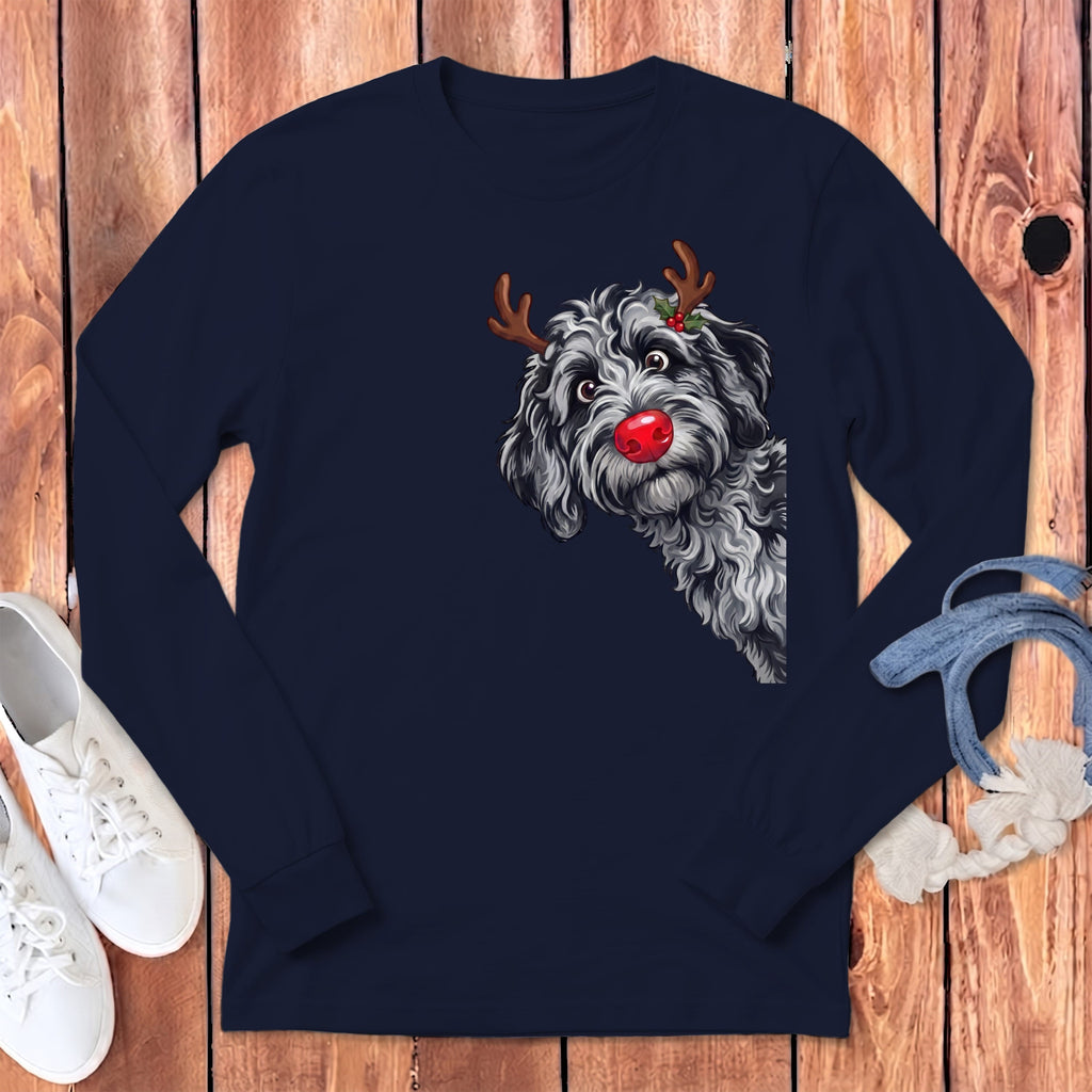 Peeking Rudolph Merle Goldendoodle Long Sleeve T-Shirt in Navy / S by Puppy Jo