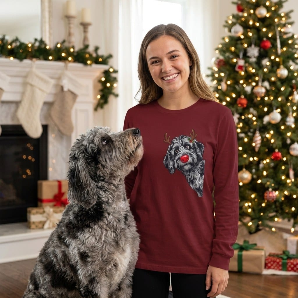 Peeking Rudolph Merle Goldendoodle Long Sleeve T-Shirt in by Puppy Jo