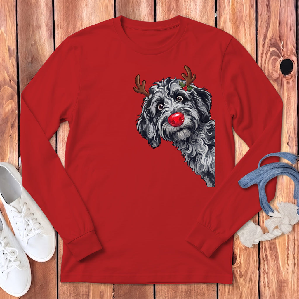 Peeking Rudolph Merle Goldendoodle Long Sleeve T-Shirt in Red / S by Puppy Jo