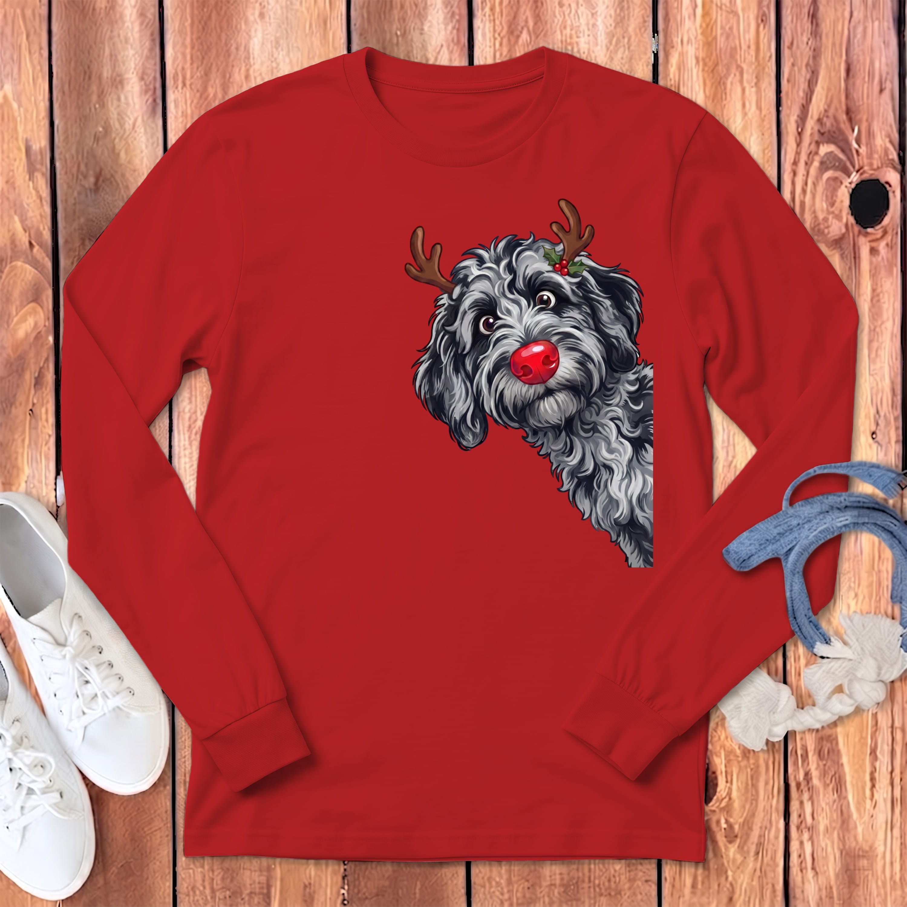 Peeking Rudolph Merle Goldendoodle Long Sleeve T-Shirt in Red / S by Puppy Jo