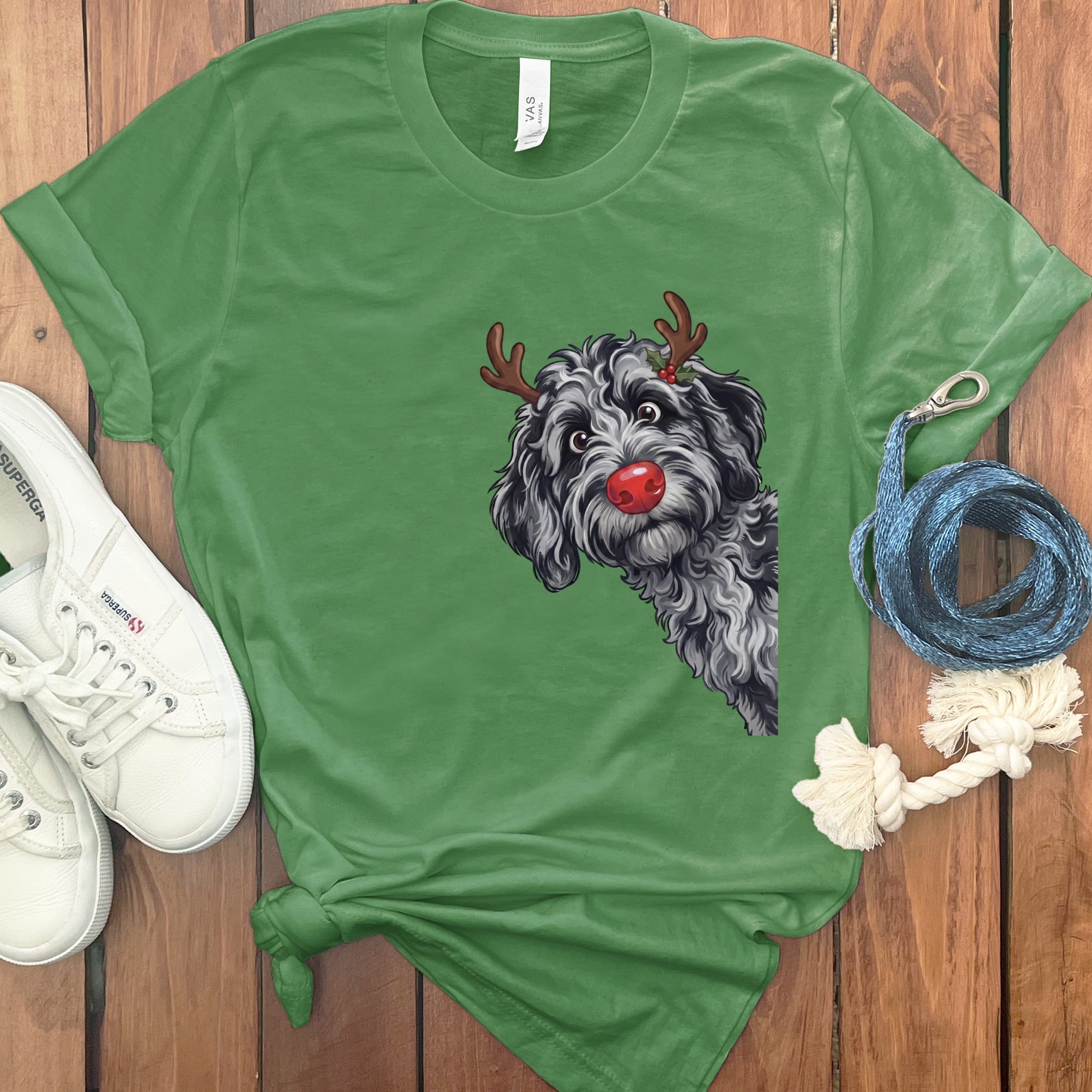 Peeking Rudolph Merle Goldendoodle T-Shirt in Leaf / M / T-Shirts by Puppy Jo