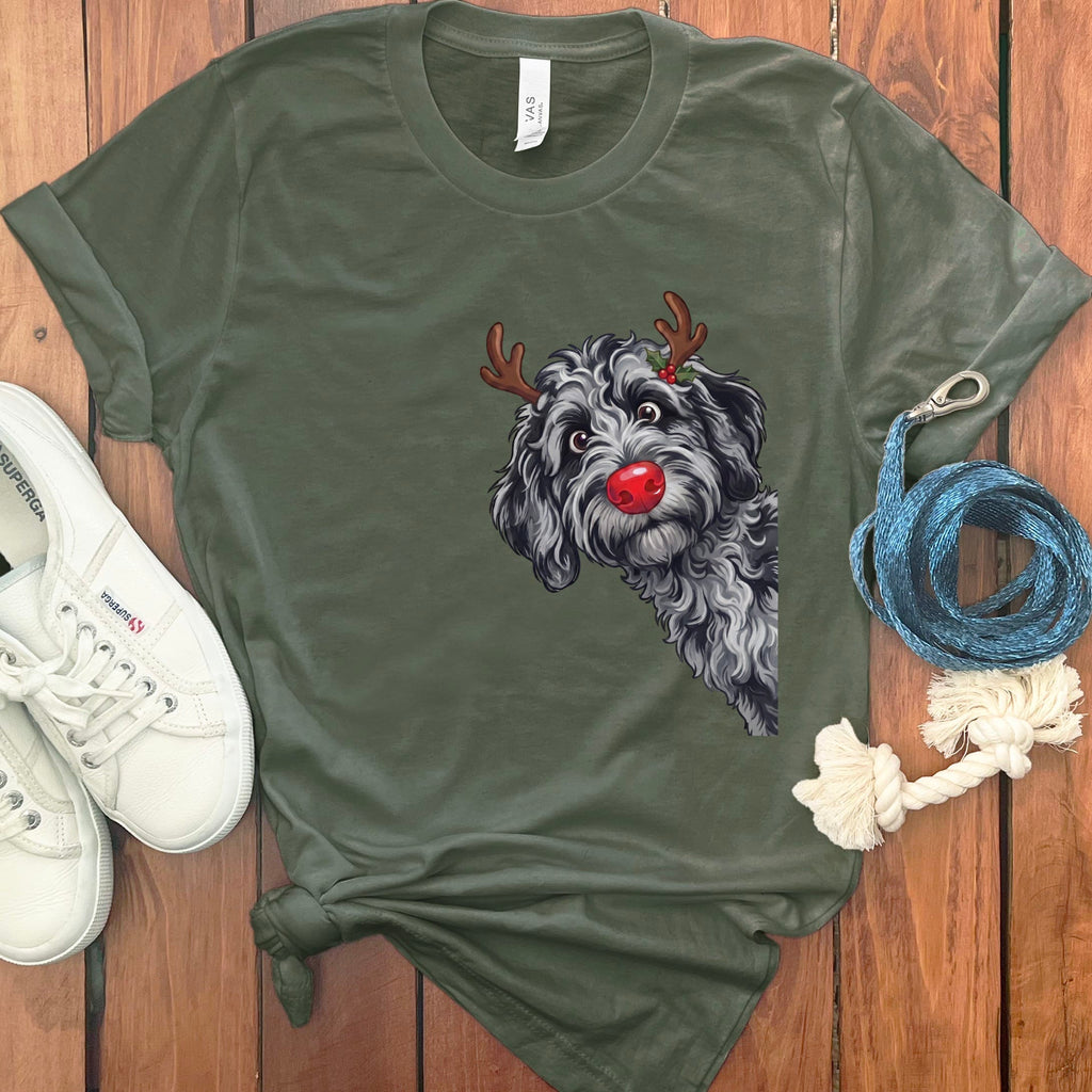 Peeking Rudolph Merle Goldendoodle T-Shirt in Military Green / M / T-Shirts by Puppy Jo