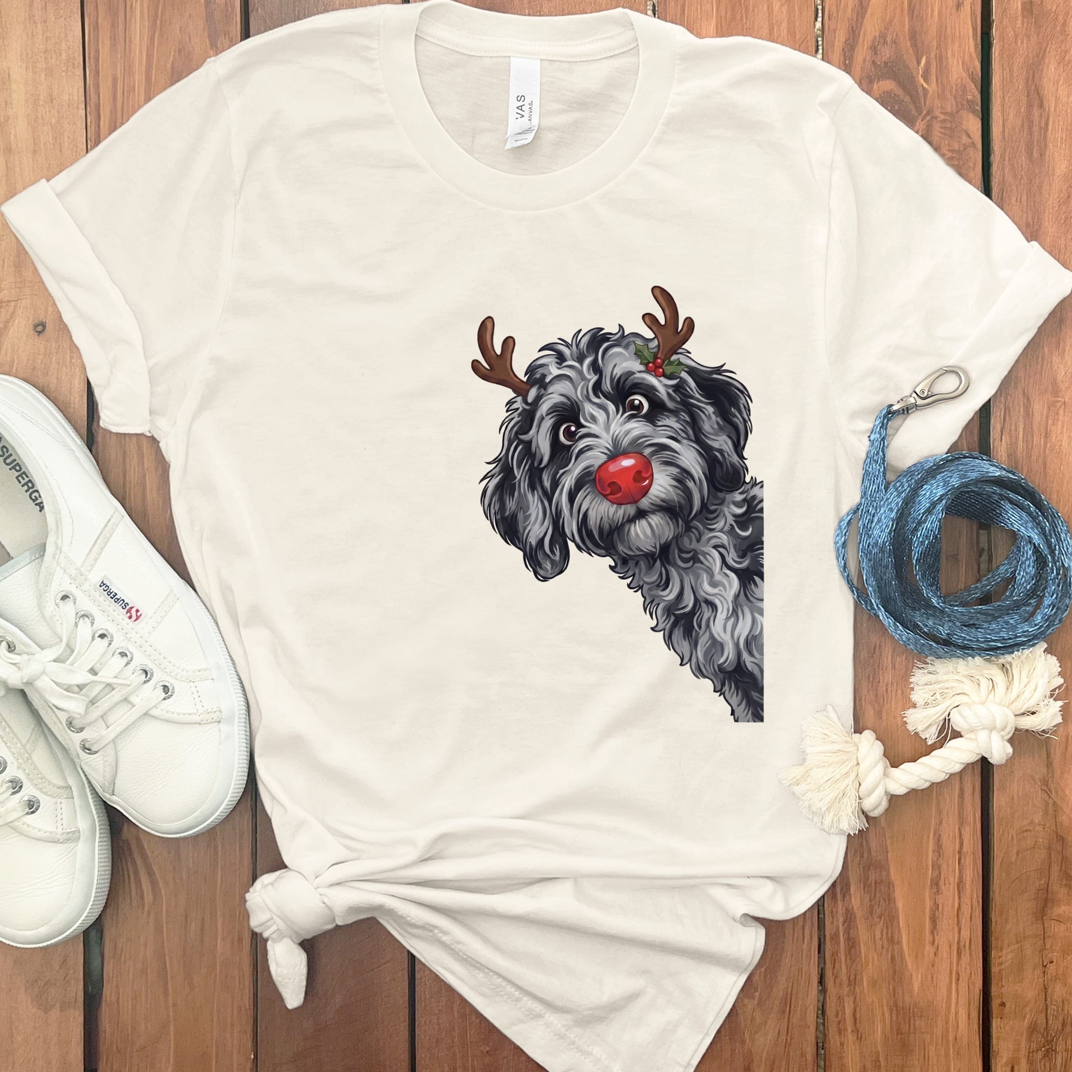 Peeking Rudolph Merle Goldendoodle T-Shirt in Natural / M / T-Shirts by Puppy Jo