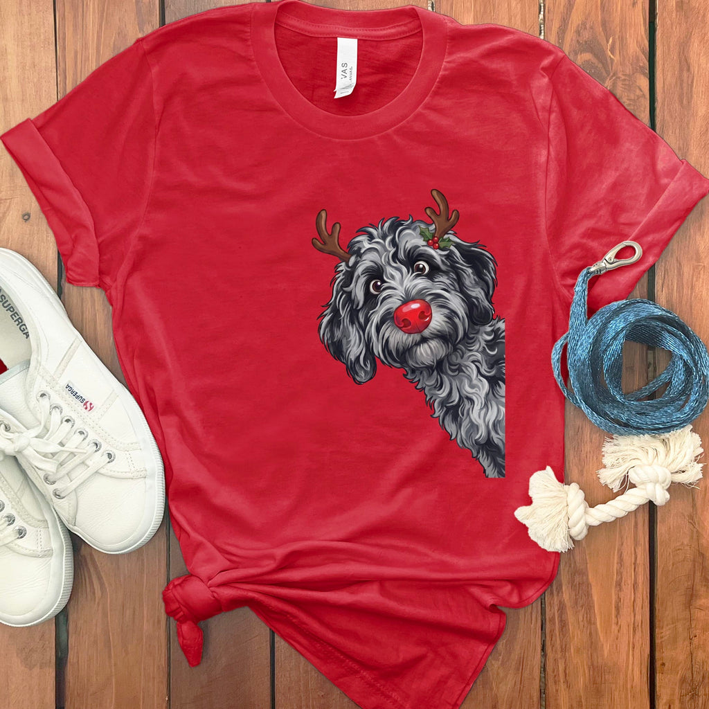 Peeking Rudolph Merle Goldendoodle T-Shirt in Red / M / T-Shirts by Puppy Jo