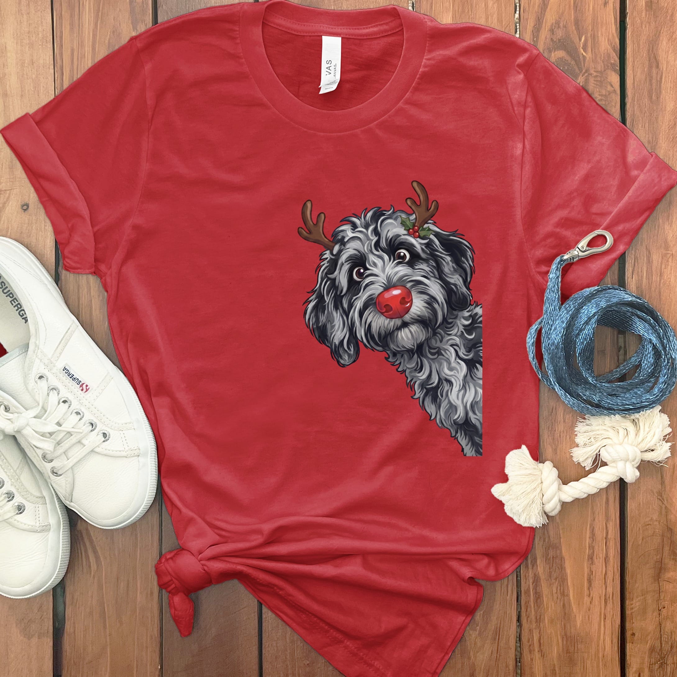 Peeking Rudolph Merle Goldendoodle T-Shirt in Red / M / T-Shirts by Puppy Jo