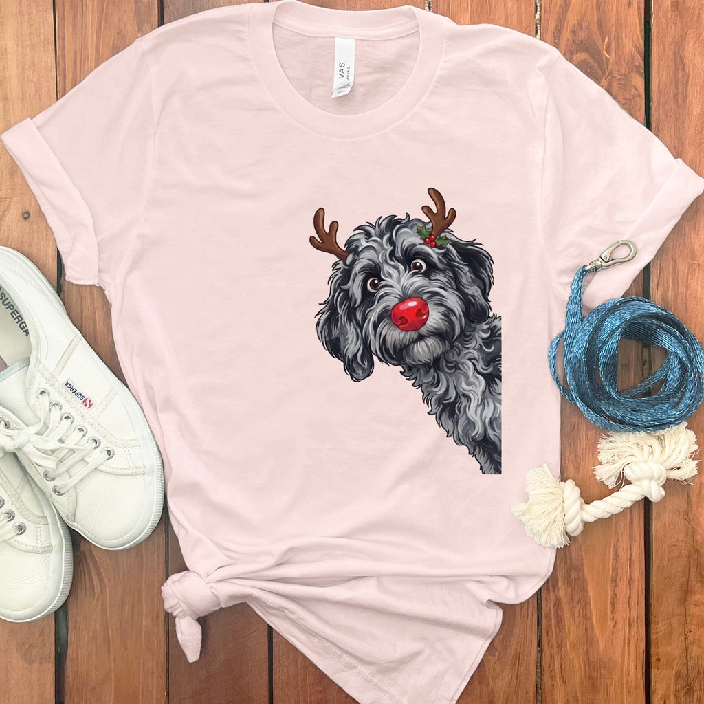 Peeking Rudolph Merle Goldendoodle T-Shirt in Soft Pink / M / T-Shirts by Puppy Jo
