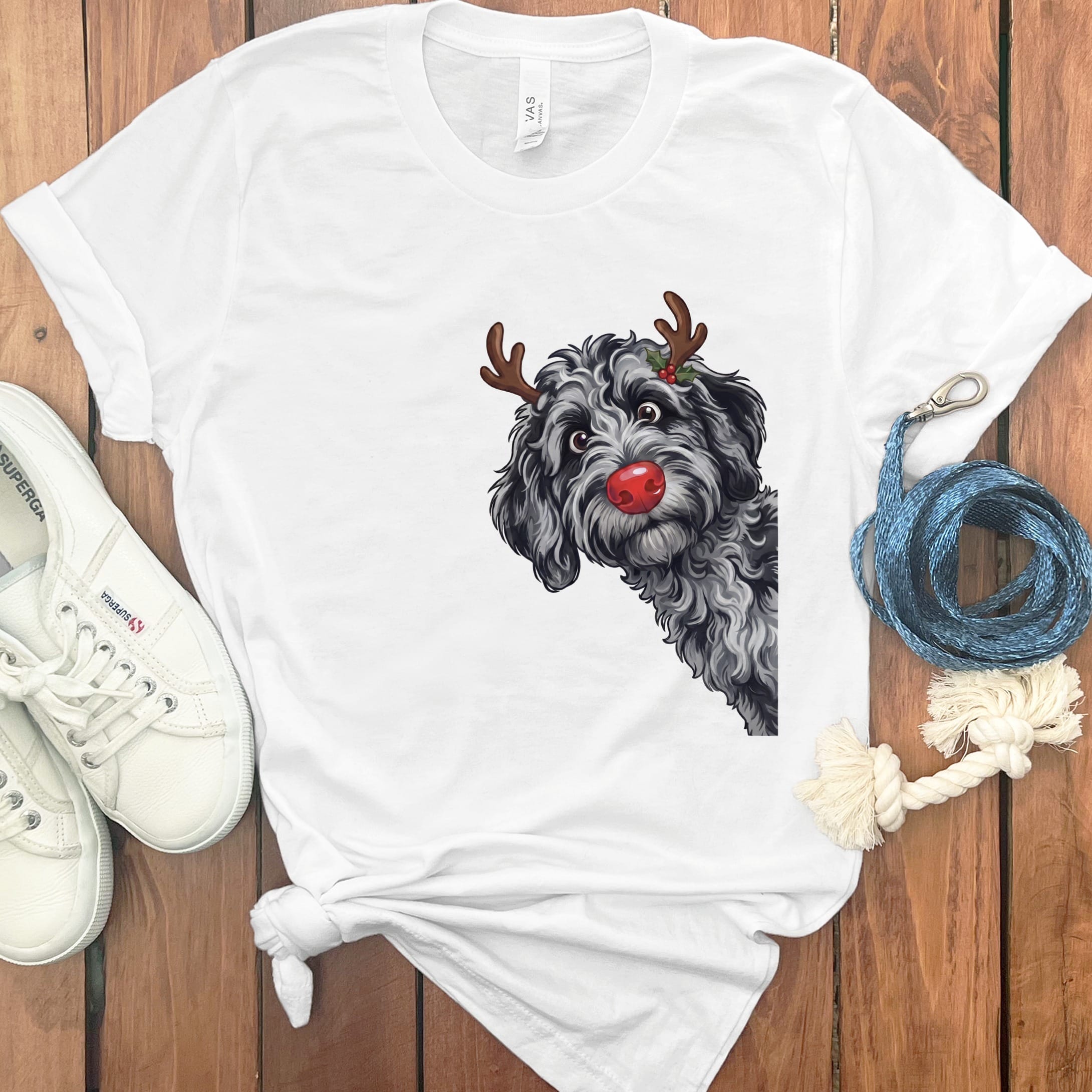 Peeking Rudolph Merle Goldendoodle T-Shirt in White / M / T-Shirts by Puppy Jo