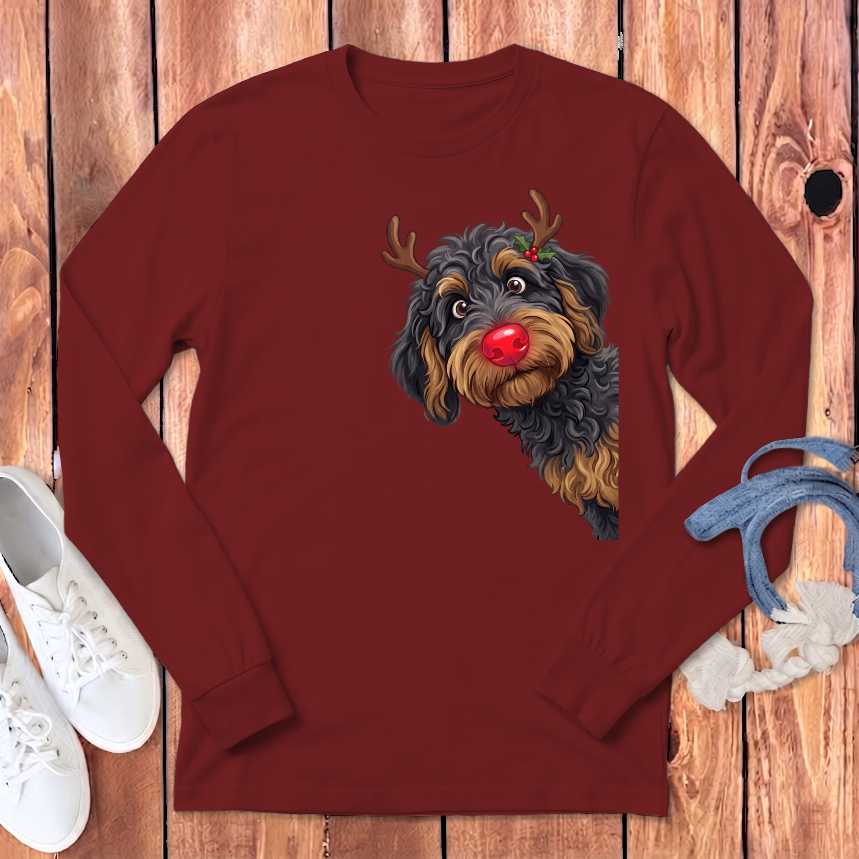Peeking Rudolph Phantom Goldendoodle Long Sleeve T-Shirt in Cardinal / S by Puppy Jo