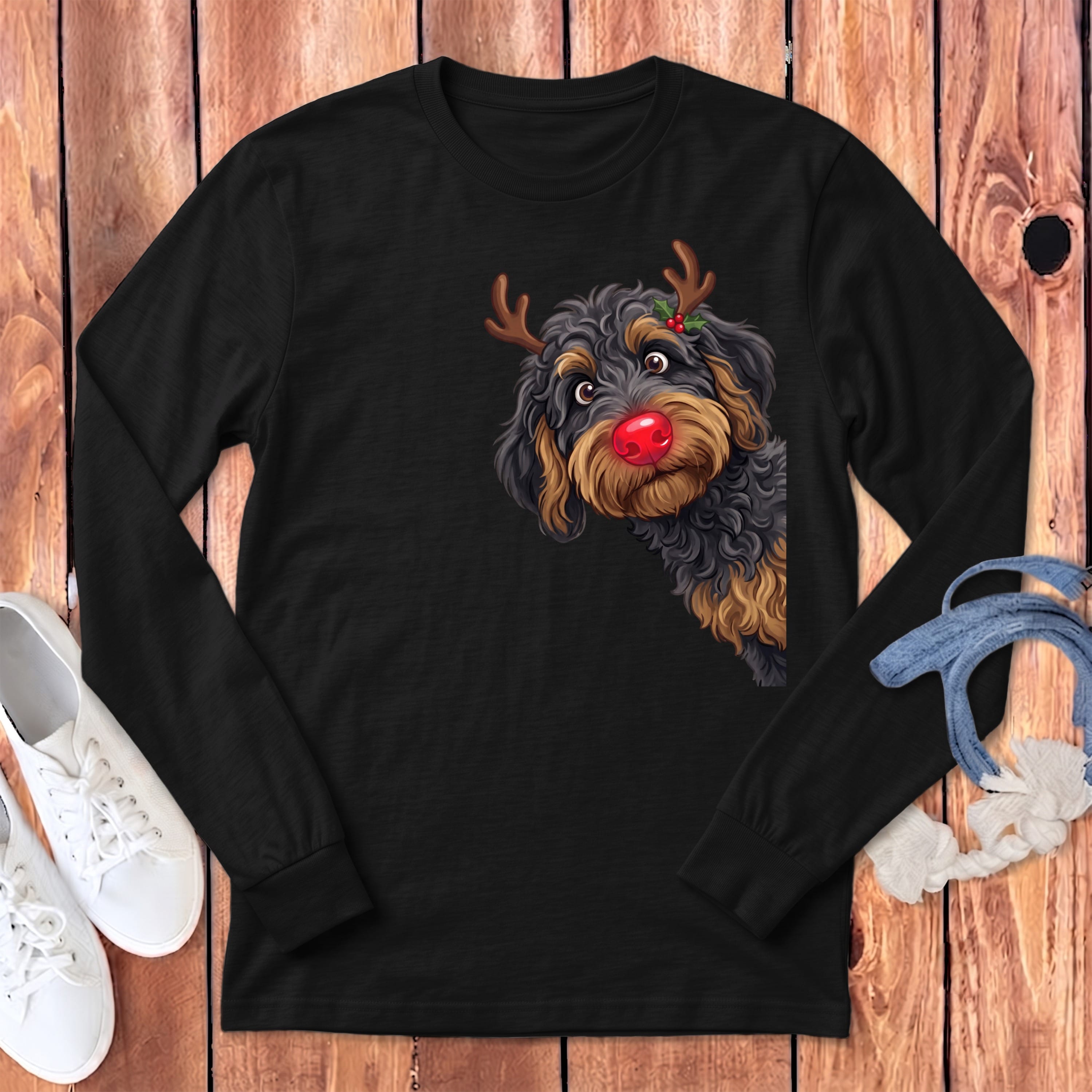 Peeking Rudolph Phantom Goldendoodle Long Sleeve T-Shirt in Dark Grey Heather / S by Puppy Jo
