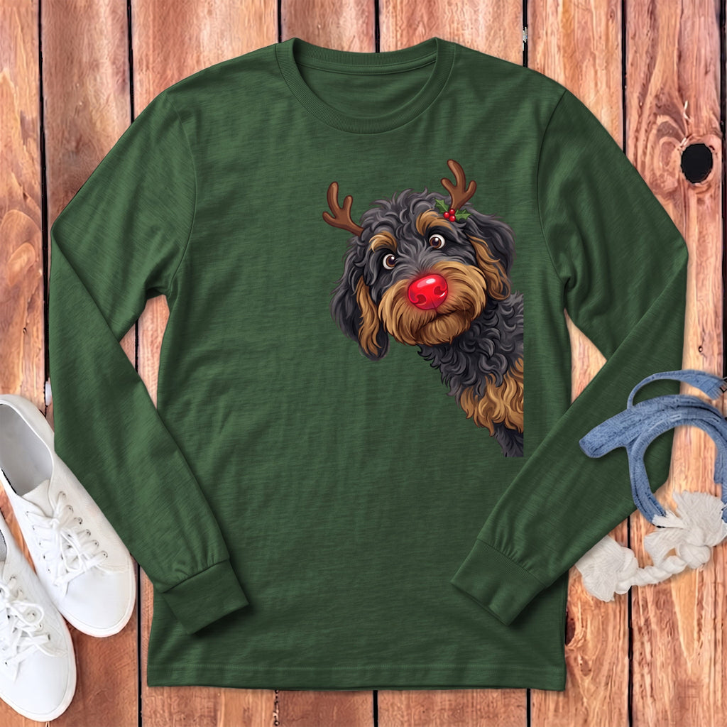 Peeking Rudolph Phantom Goldendoodle Long Sleeve T-Shirt in Heather Forest / S by Puppy Jo