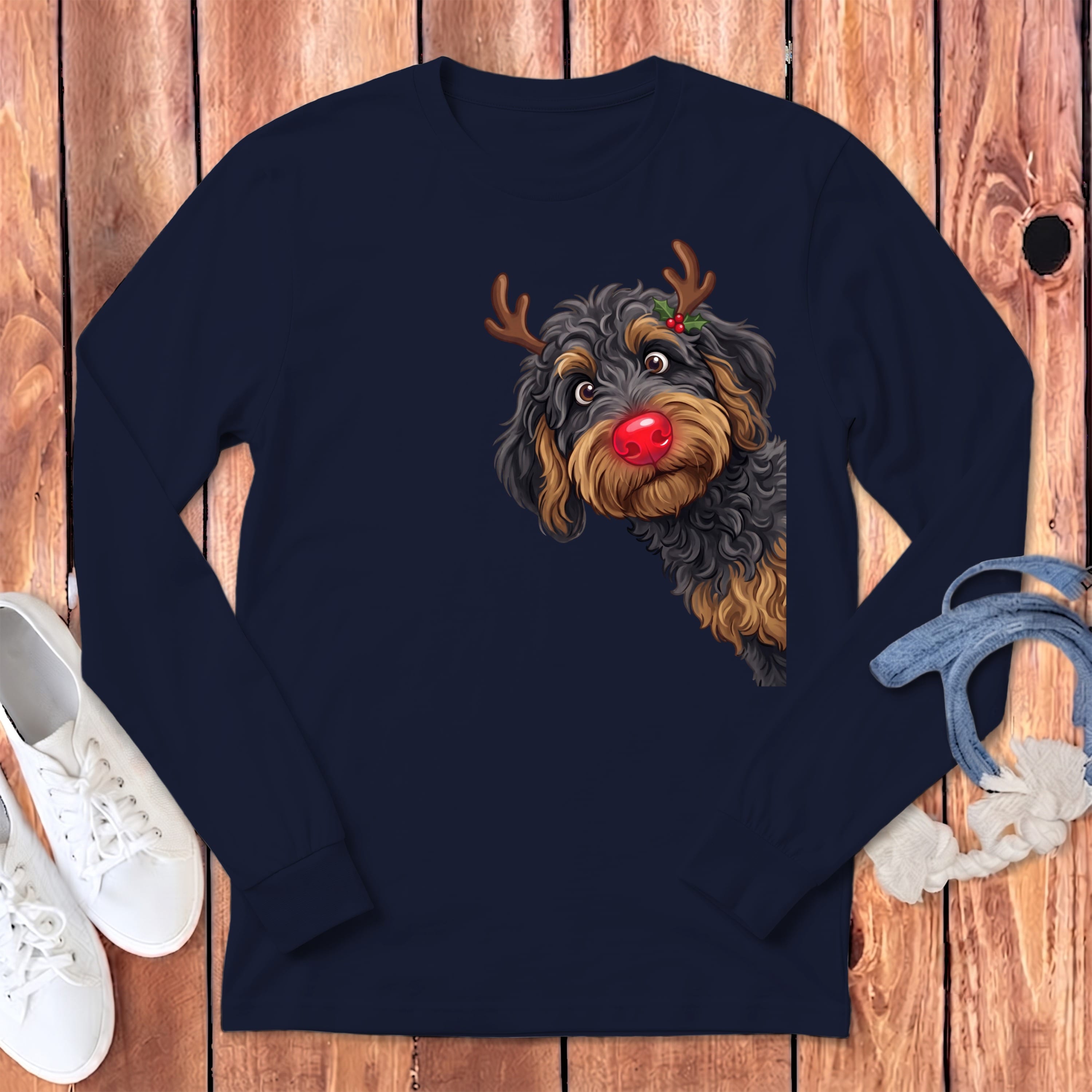 Peeking Rudolph Phantom Goldendoodle Long Sleeve T-Shirt in Navy / S by Puppy Jo