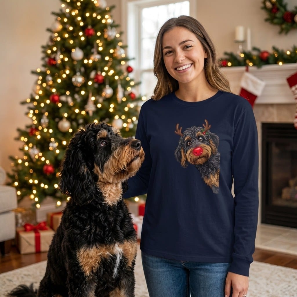 Peeking Rudolph Phantom Goldendoodle Long Sleeve T-Shirt in by Puppy Jo