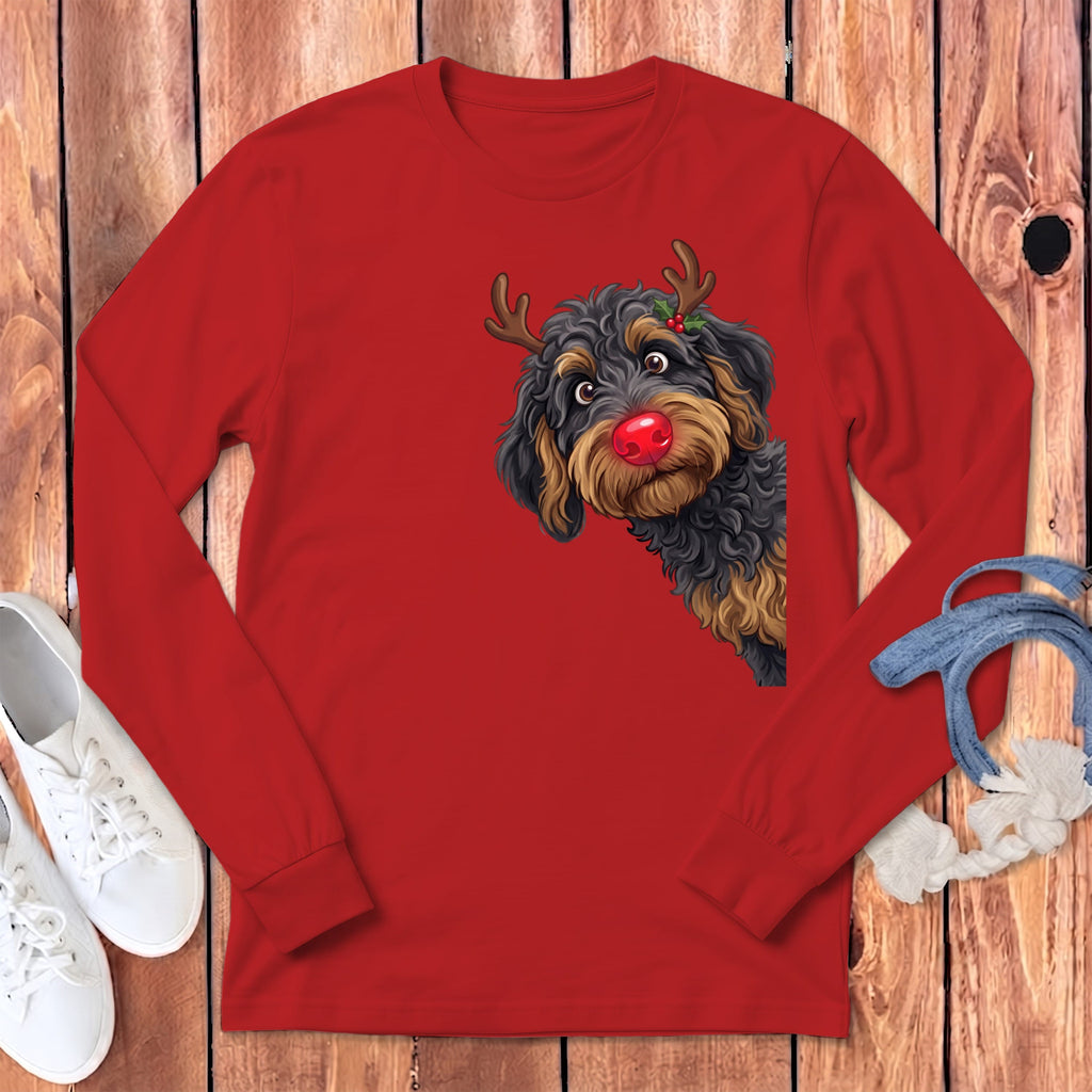 Peeking Rudolph Phantom Goldendoodle Long Sleeve T-Shirt in Red / S by Puppy Jo