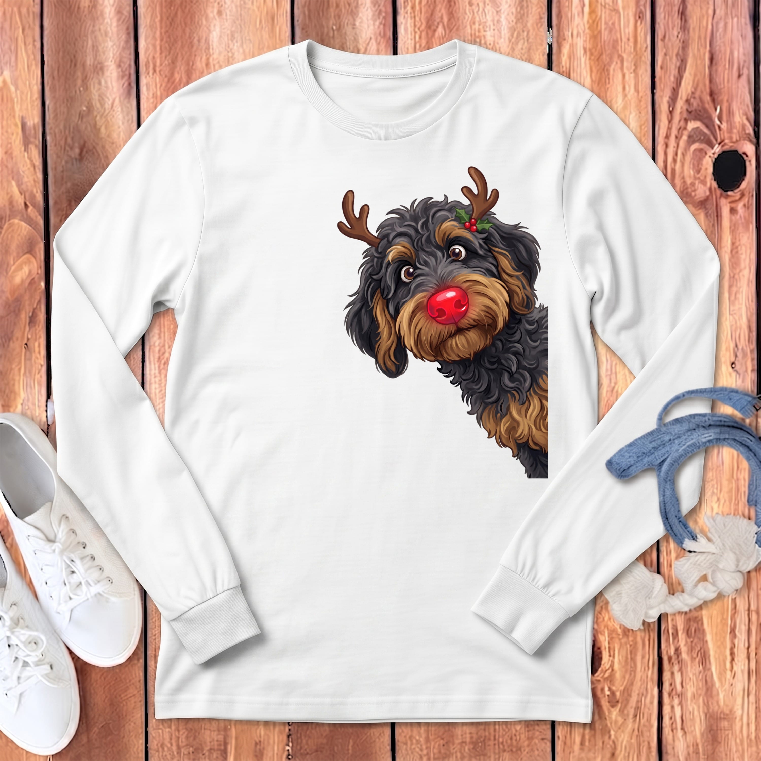 Peeking Rudolph Phantom Goldendoodle Long Sleeve T-Shirt in White / S by Puppy Jo