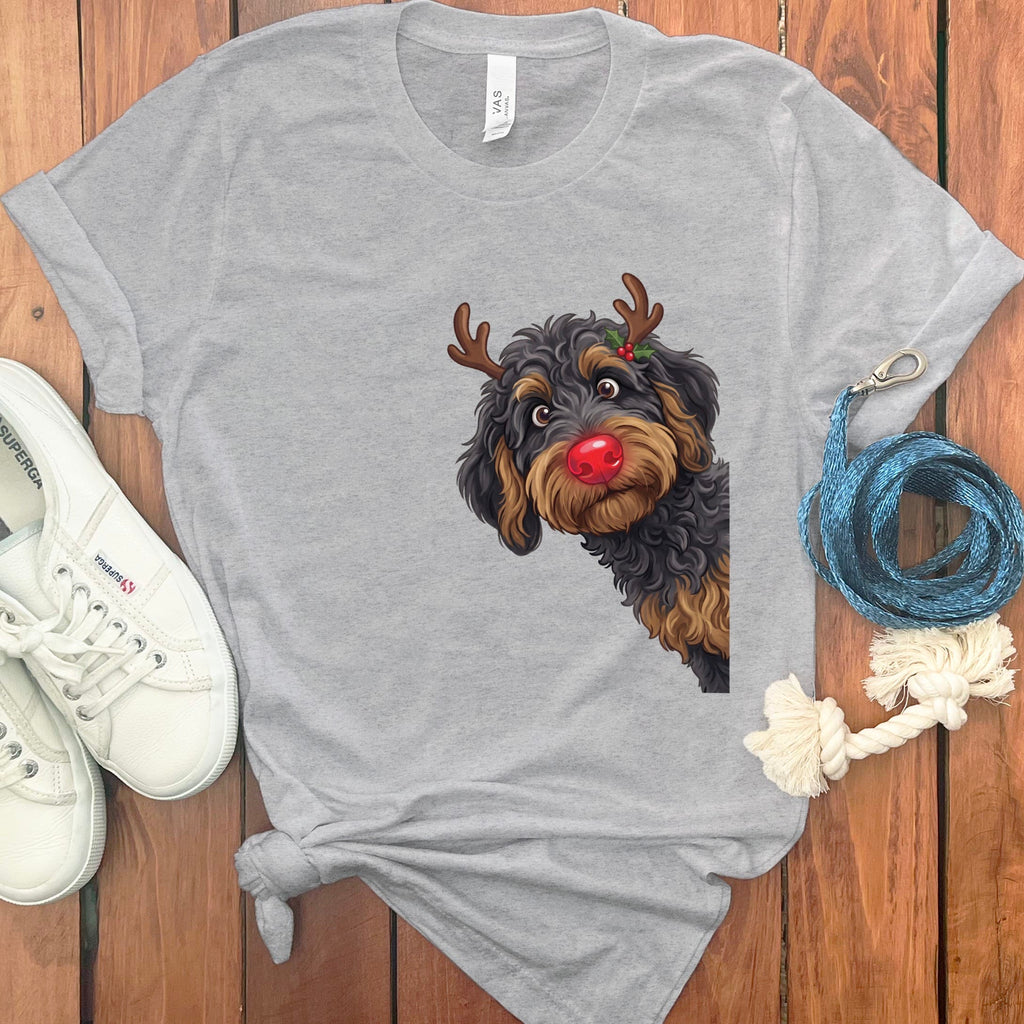 Peeking Rudolph Phantom Goldendoodle T-Shirt in Athletic Heather / M / T-Shirts by Puppy Jo