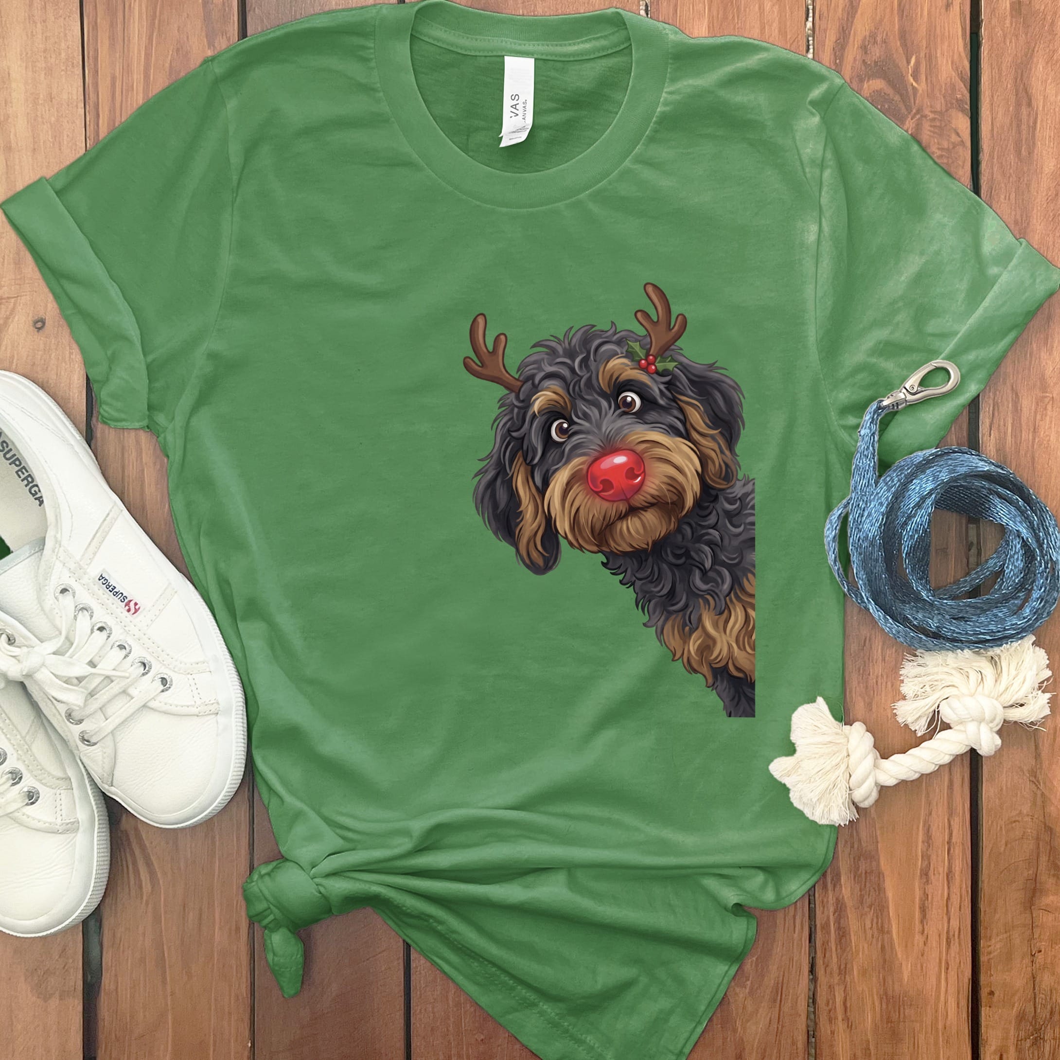Peeking Rudolph Phantom Goldendoodle T-Shirt in Leaf / M / T-Shirts by Puppy Jo