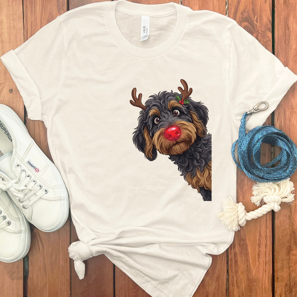 Peeking Rudolph Phantom Goldendoodle T-Shirt in Natural / M / T-Shirts by Puppy Jo