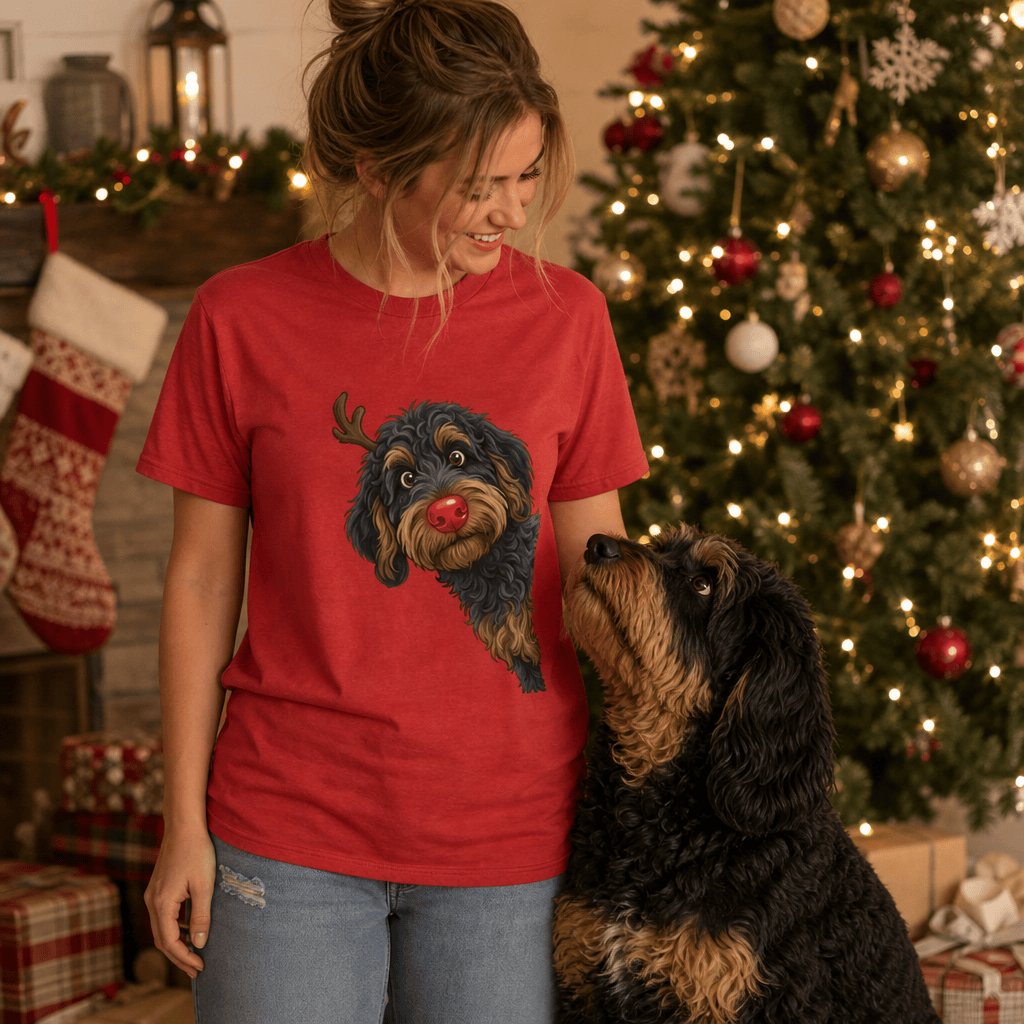 Peeking Rudolph Phantom Goldendoodle T-Shirt in by Puppy Jo