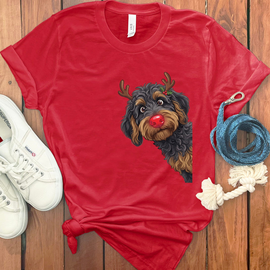 Peeking Rudolph Phantom Goldendoodle T-Shirt in Red / M / T-Shirts by Puppy Jo