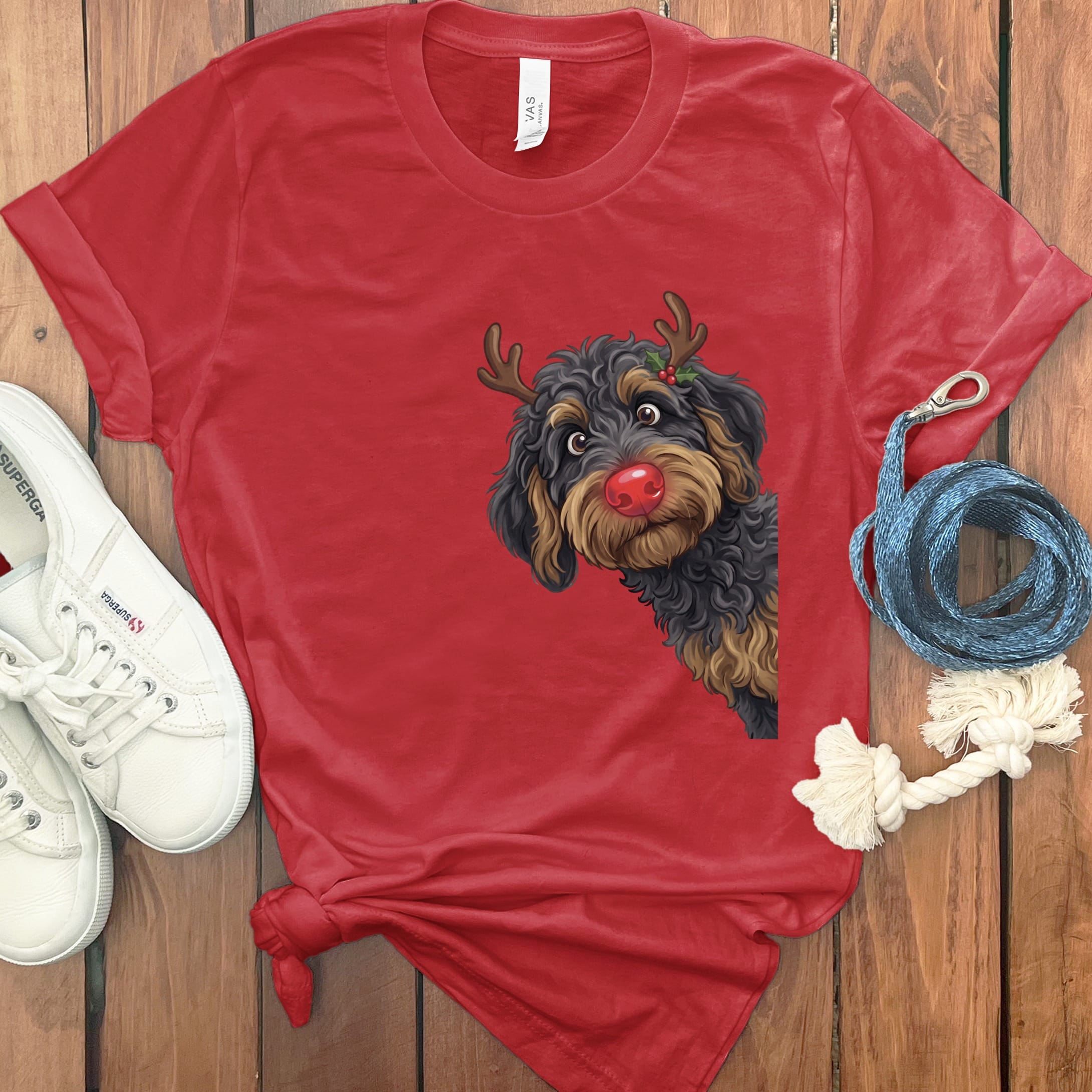 Peeking Rudolph Phantom Goldendoodle T-Shirt in Red / M / T-Shirts by Puppy Jo