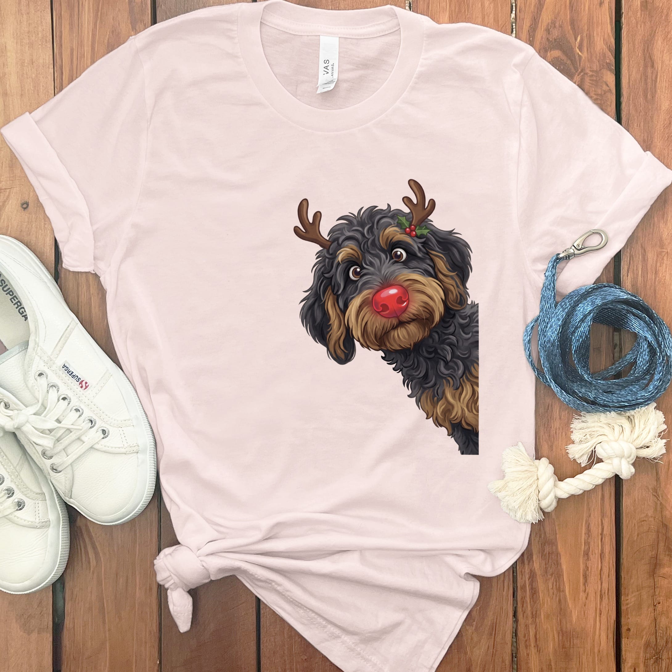 Peeking Rudolph Phantom Goldendoodle T-Shirt in Soft Pink / M / T-Shirts by Puppy Jo