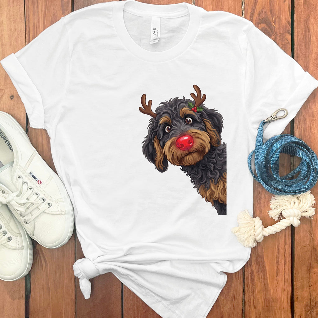 Peeking Rudolph Phantom Goldendoodle T-Shirt in White / M / T-Shirts by Puppy Jo